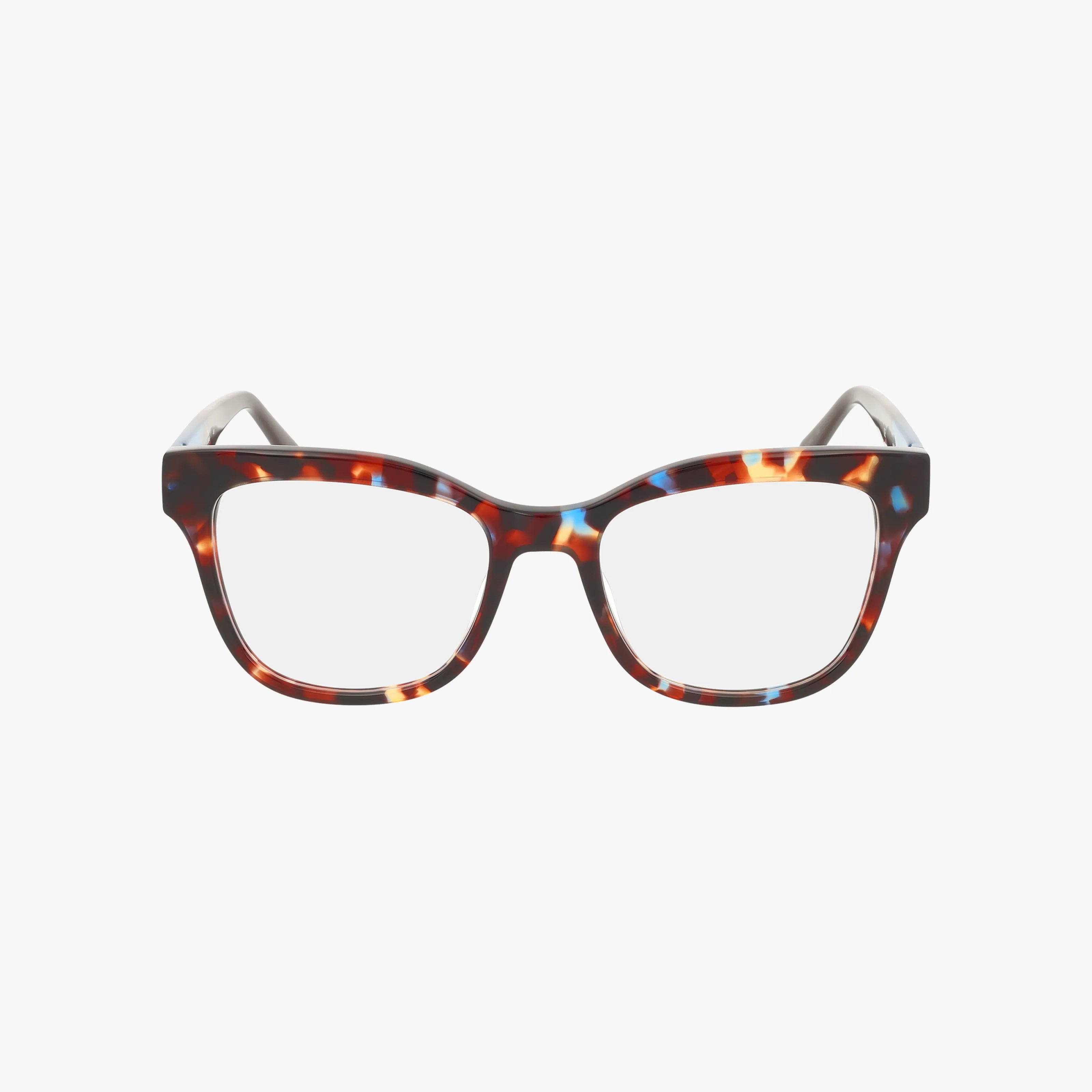 The RVLO6048 rectangular eyeglasses feature thick tortoiseshell frames blending brown, amber, and blue hues for a modern look and durability, displayed on a white background.