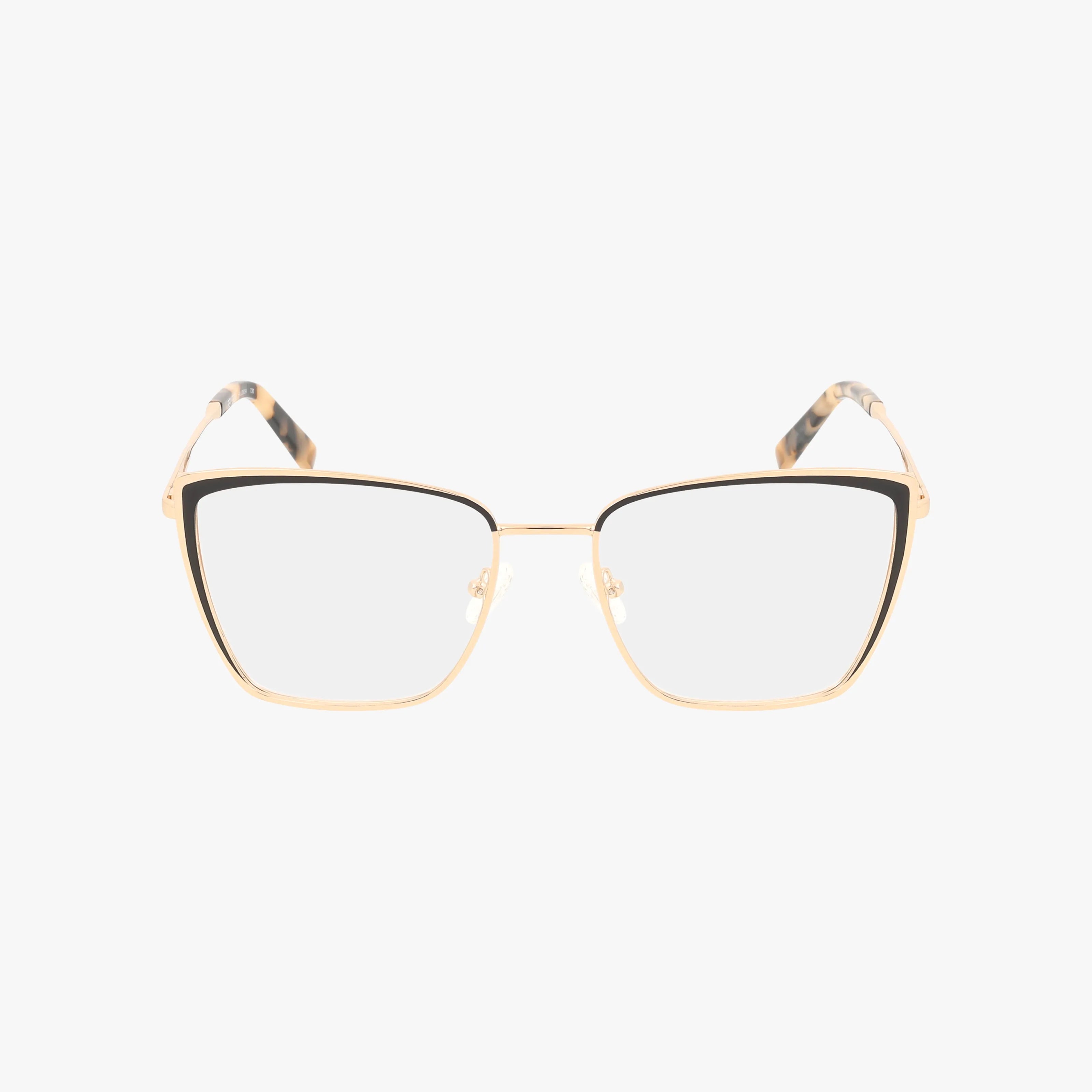 The RVLO6054 gold metal cat-eye eyeglasses feature thin rims, black upper accents, and tortoiseshell-patterned temple tips for a bold look and lasting durability. Perfect for daily wear. Shown on a white background.