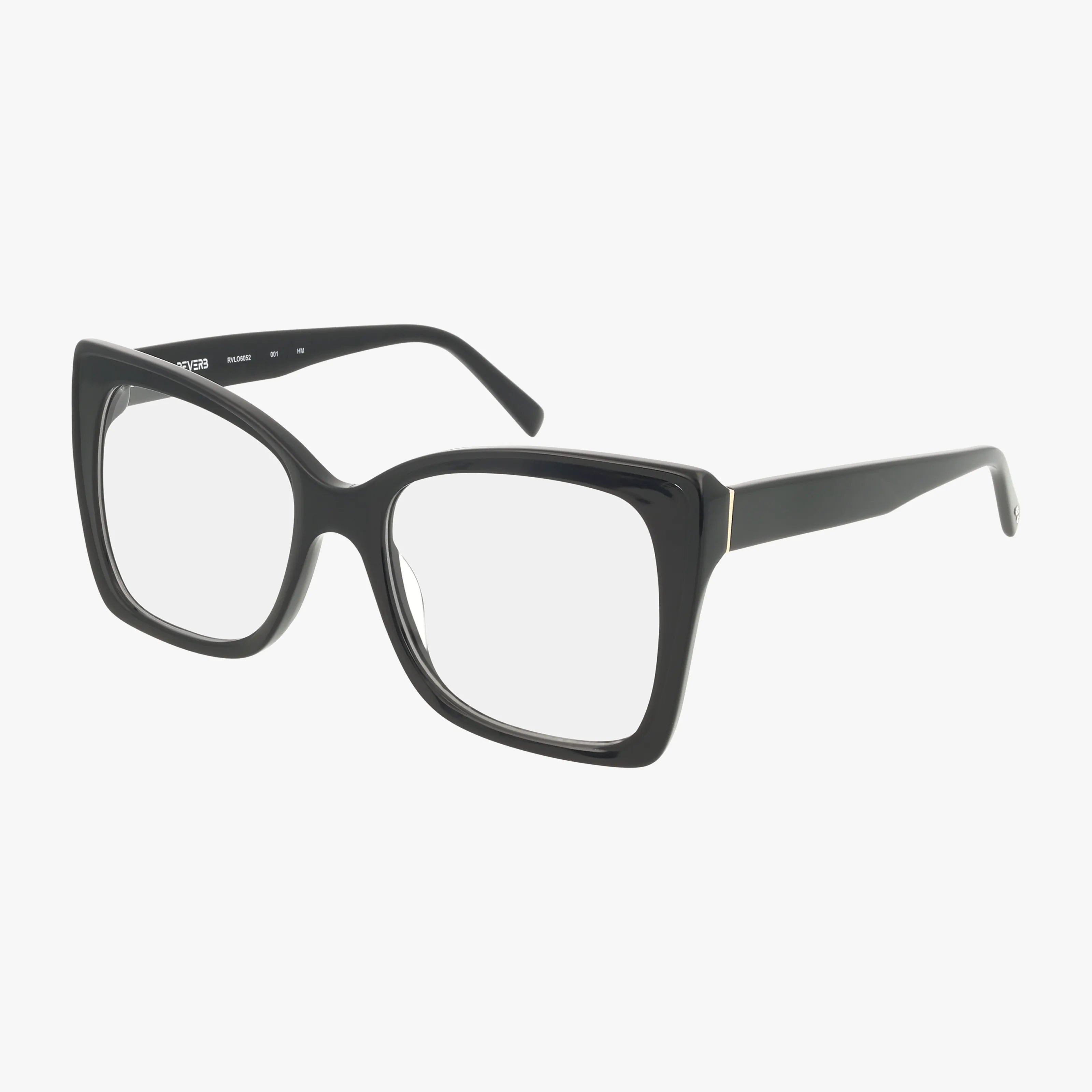 The RVLO6052 eyeglasses feature a black, rectangular design with thick, durable frames and clear lenses for fashion eyewear enthusiasts, shown against a white background.