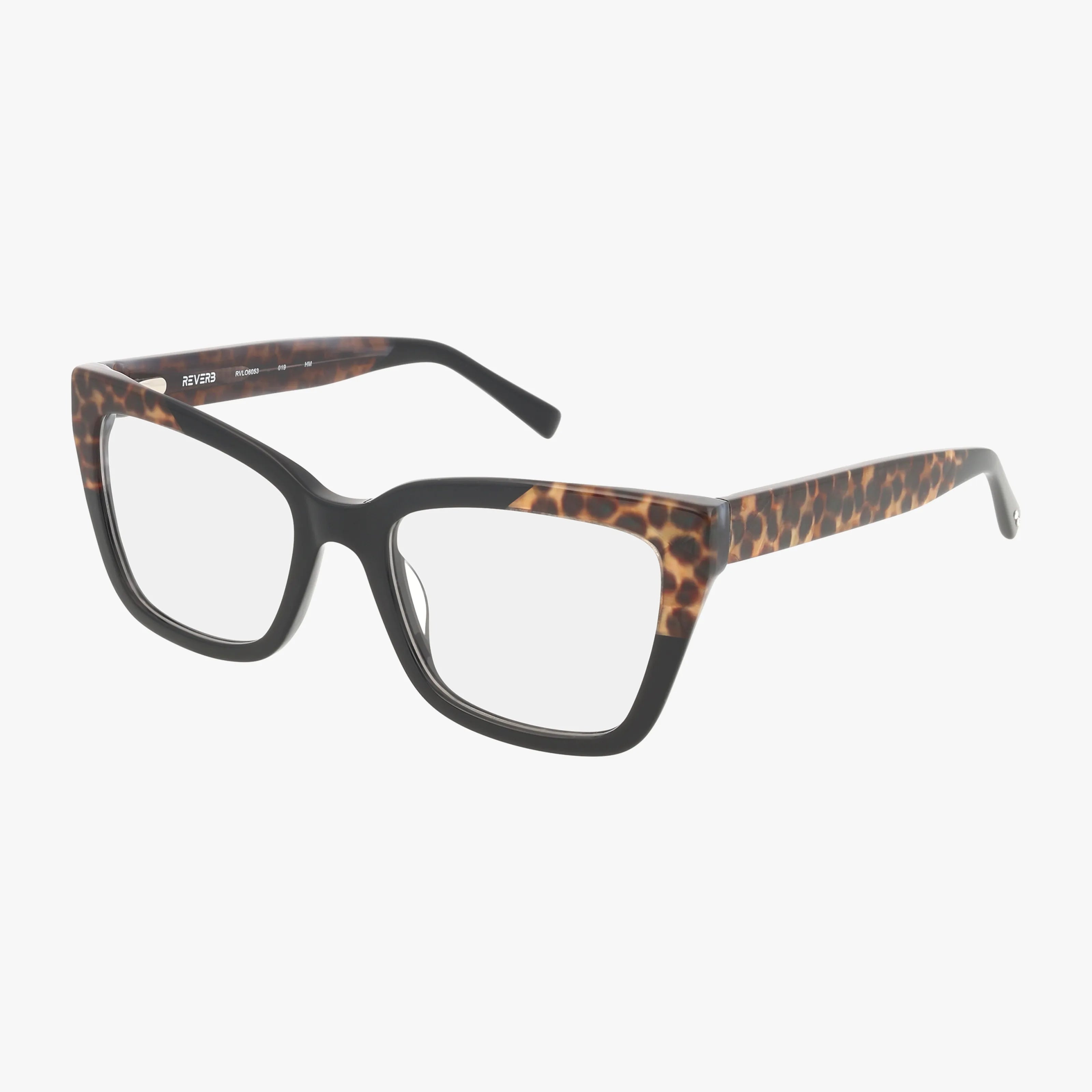 The RVLO6053 features rectangular eyeglasses with a stylish black front and tortoiseshell-patterned arms, shown on a white background.
