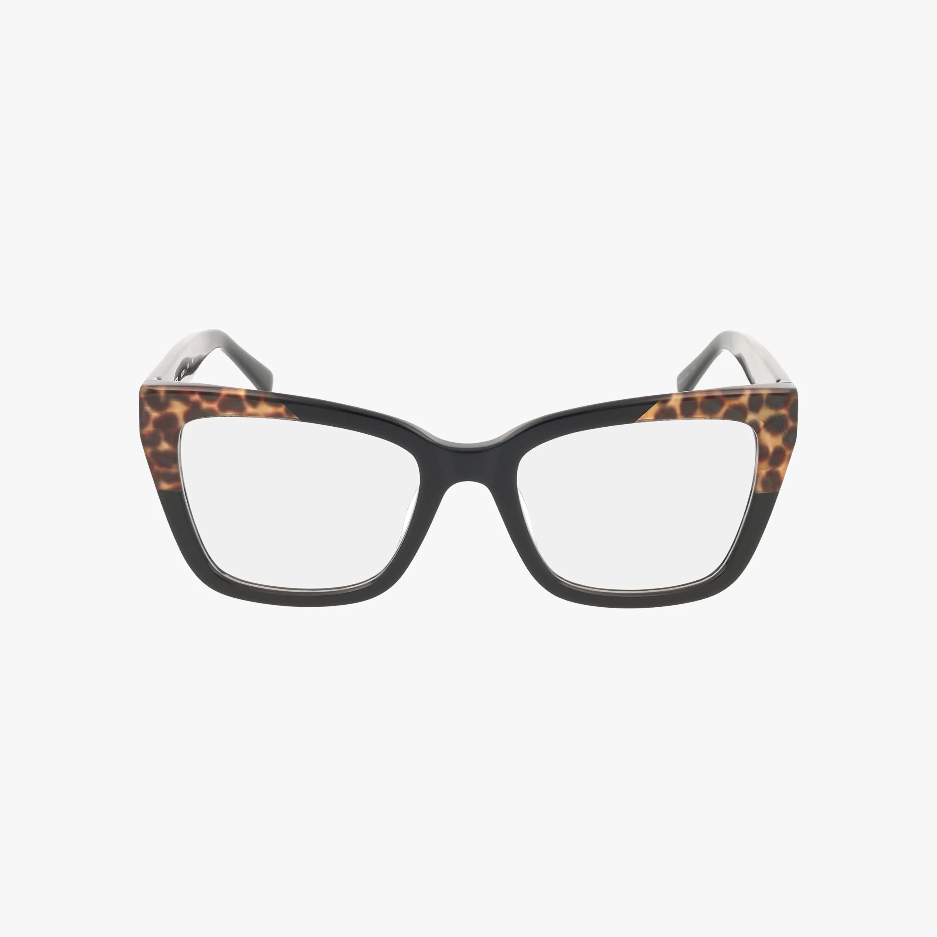 Front view of RVLO6053 cat-eye eyeglasses with a sleek black frame, tortoiseshell accents on the top corners, and versatile Transitions lenses, displayed against a plain white background.