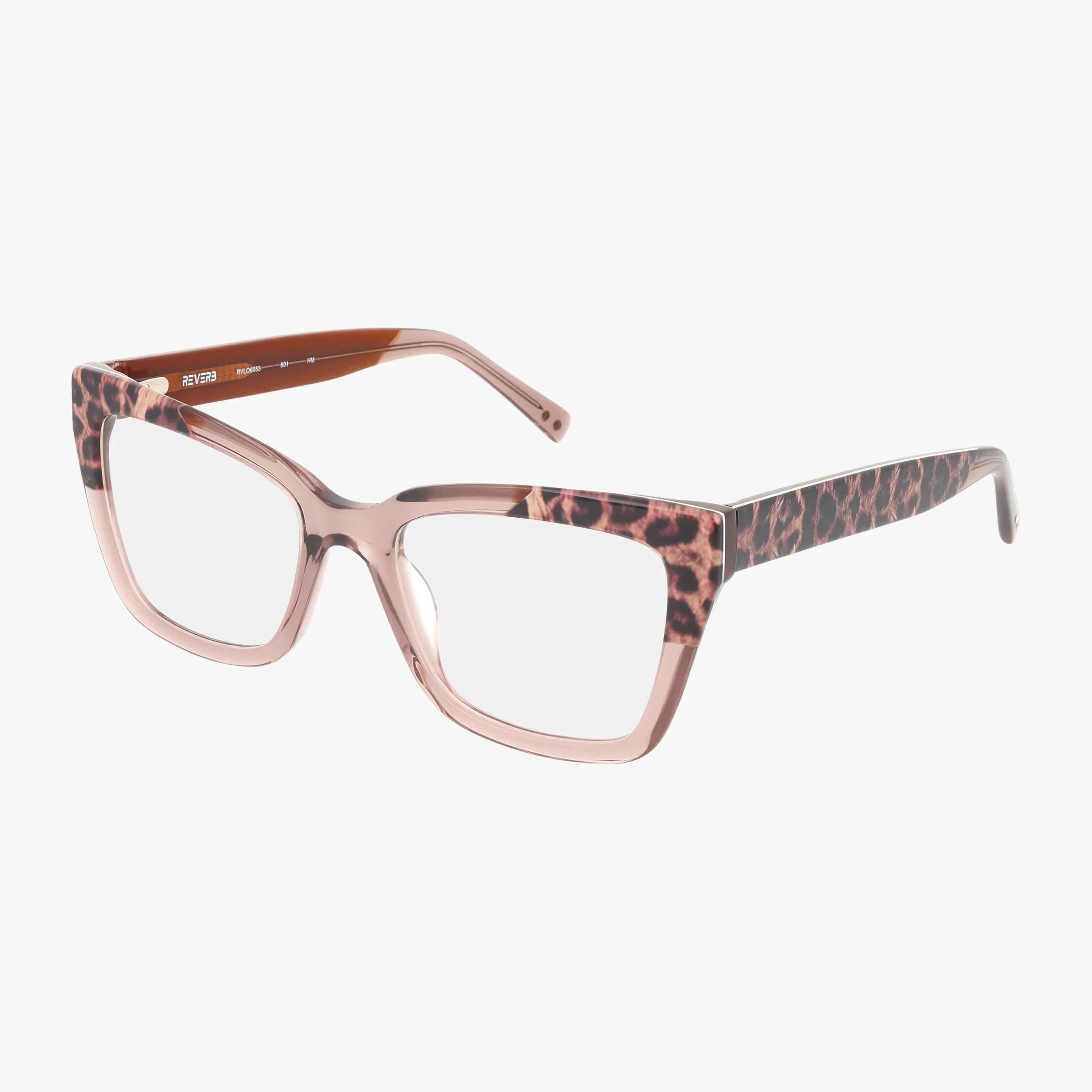 The RVLO6053 eyeglasses feature rectangular lenses, transparent pink fronts, and brown leopard print patterns on the temples and sides for a secure, stylish fit.