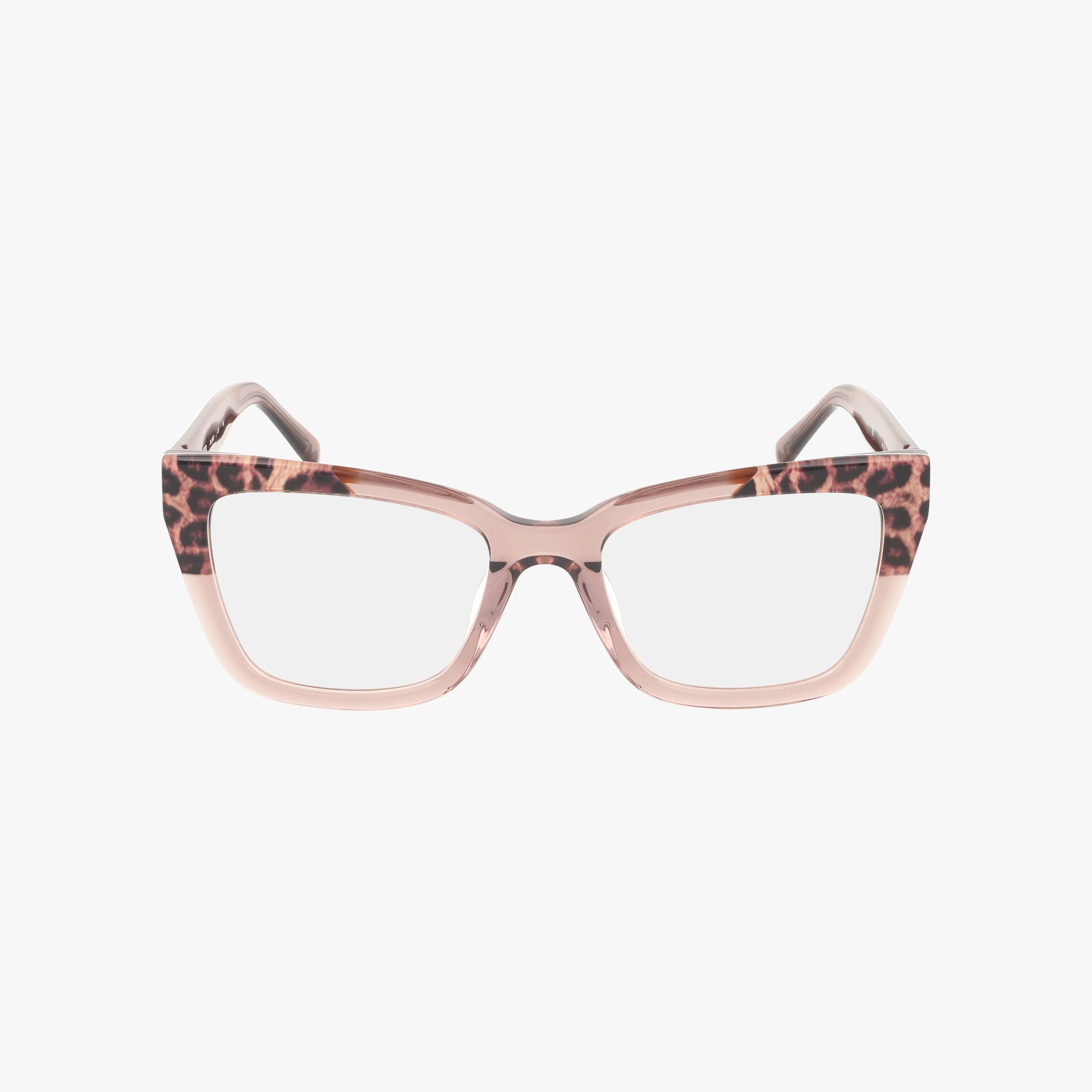 Front view of RVLO6053 eyeglasses with a stylish light pink rectangular frame, clear or Transitions lenses, and brown and black leopard print on the temples and upper corners.