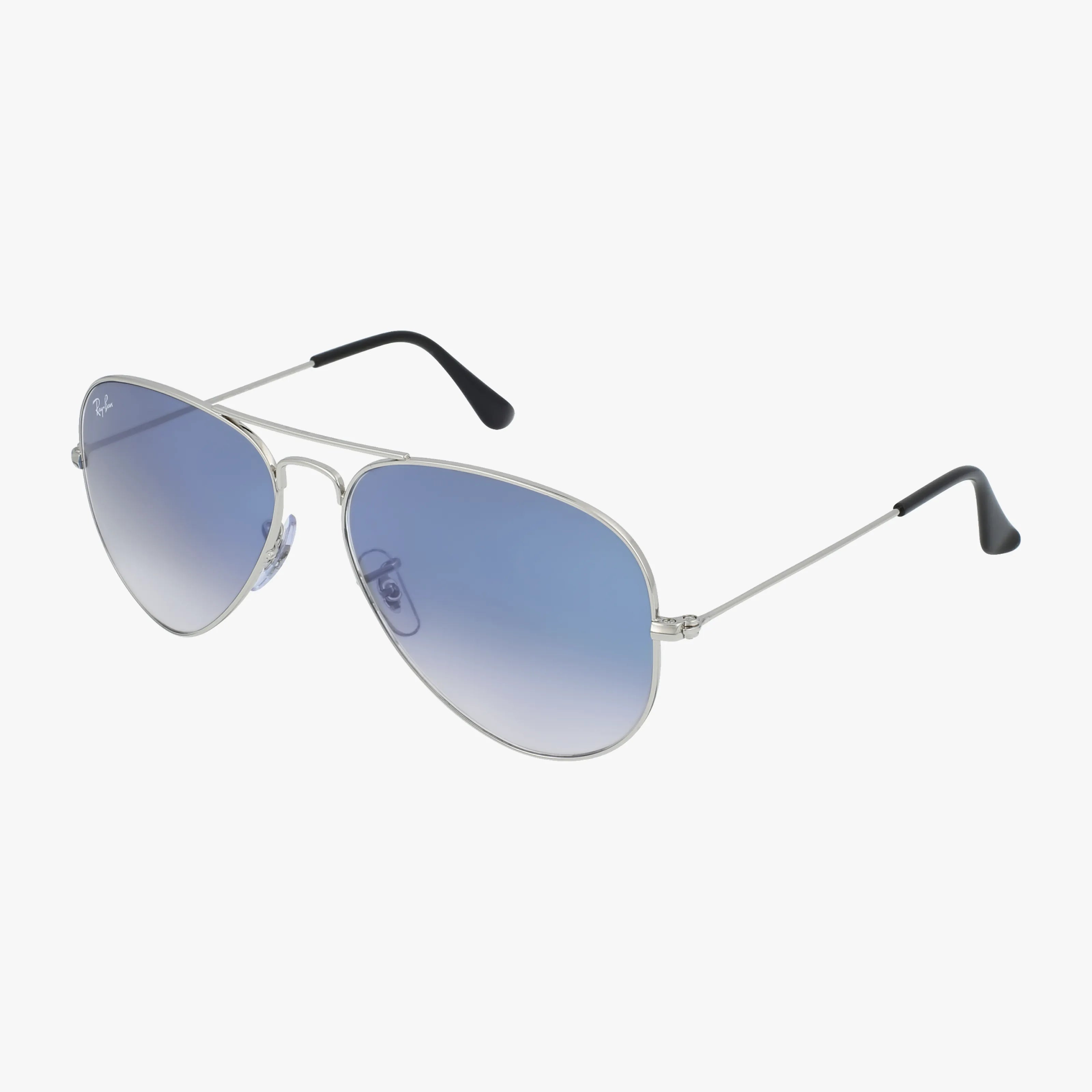 The RB3025 LARGE AVIATOR features silver Ray-Ban frames with blue gradient lenses, thin metal construction, and black tips on the arms, showcased against a white background.