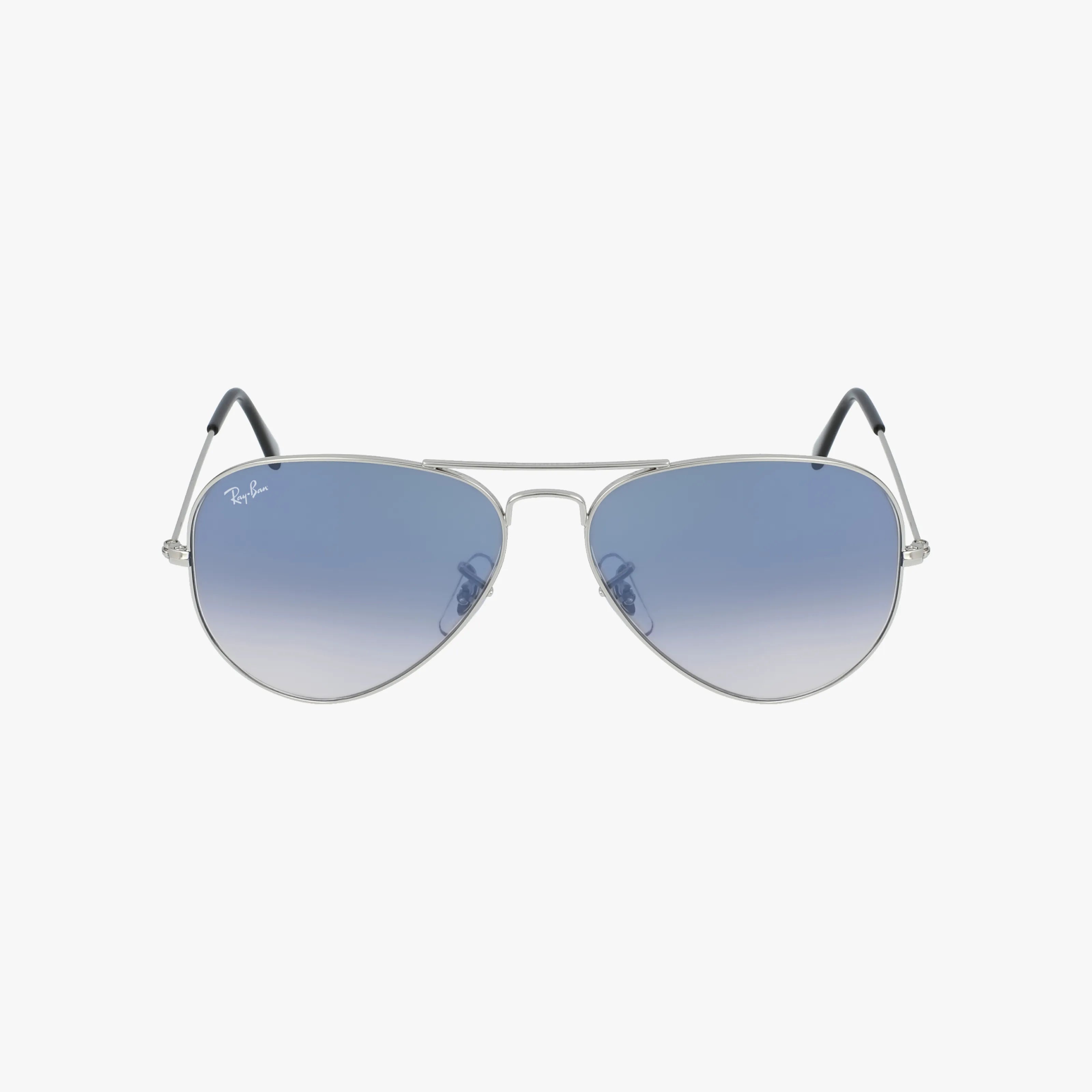 The RB3025 LARGE AVIATOR sunglasses feature thin silver metal frames and blue gradient lenses with the Ray-Ban logo on the top left lens, displayed against a plain white background.