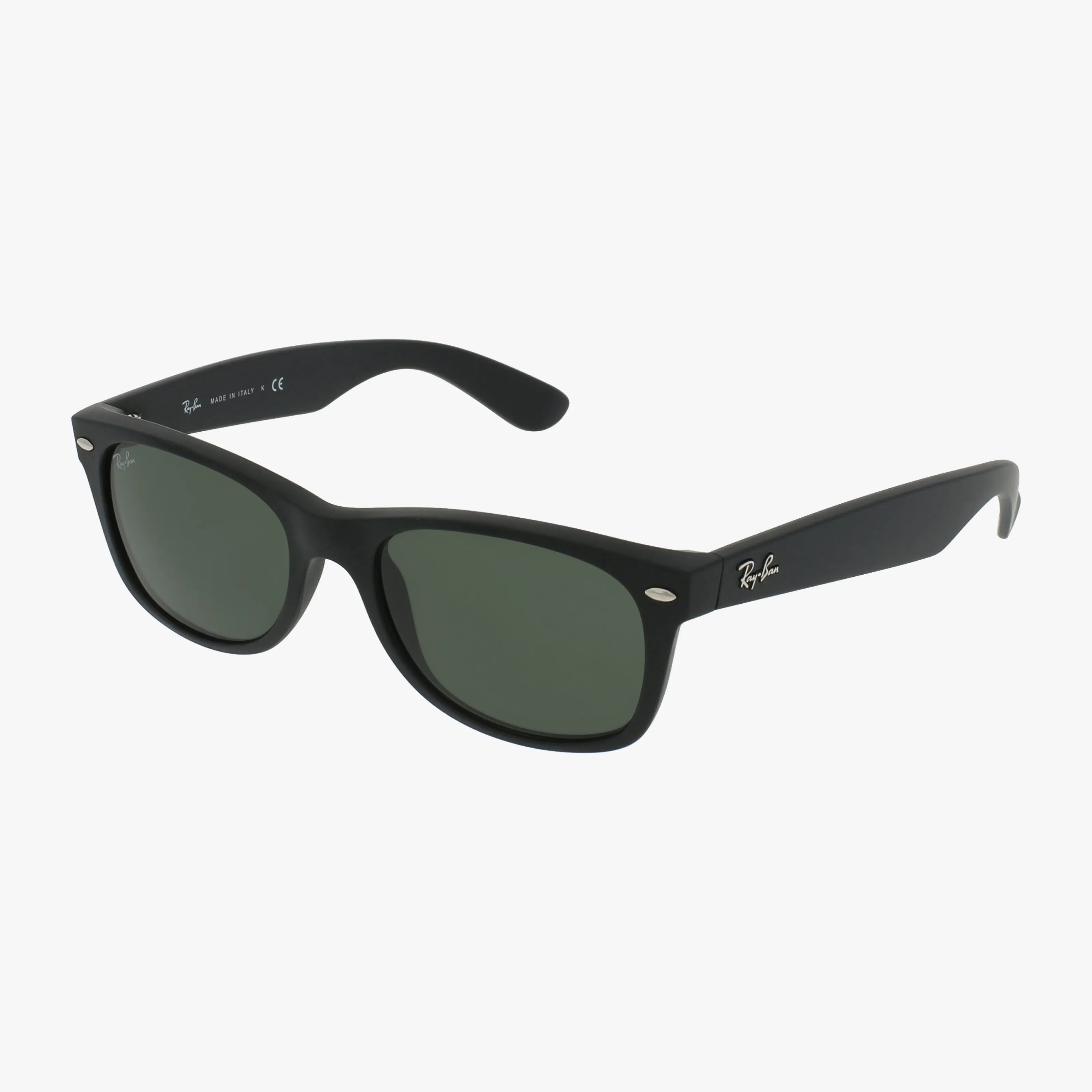 A pair of RB2132 NEW WAYFARER sunglasses in black with green lenses, shown on a white background. The Ray-Ban logo appears on the upper right lens and arms, emphasizing the iconic style of this classic eyewear.