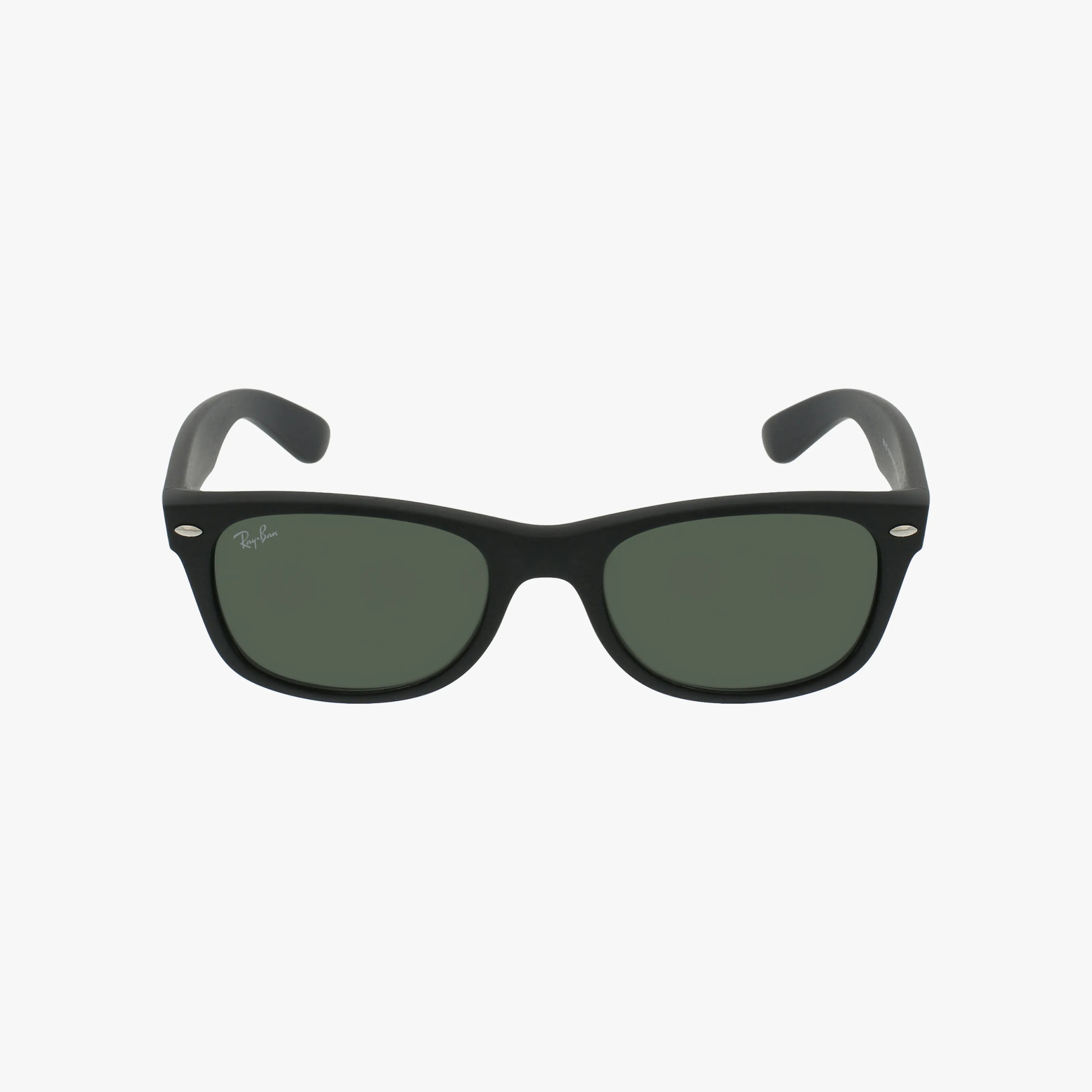 The RB2132 NEW WAYFARER sunglasses feature a black frame with dark green lenses, shown against a plain white background. The Ray-Ban logo appears on the top left lens, emphasizing this classic eyewear style.