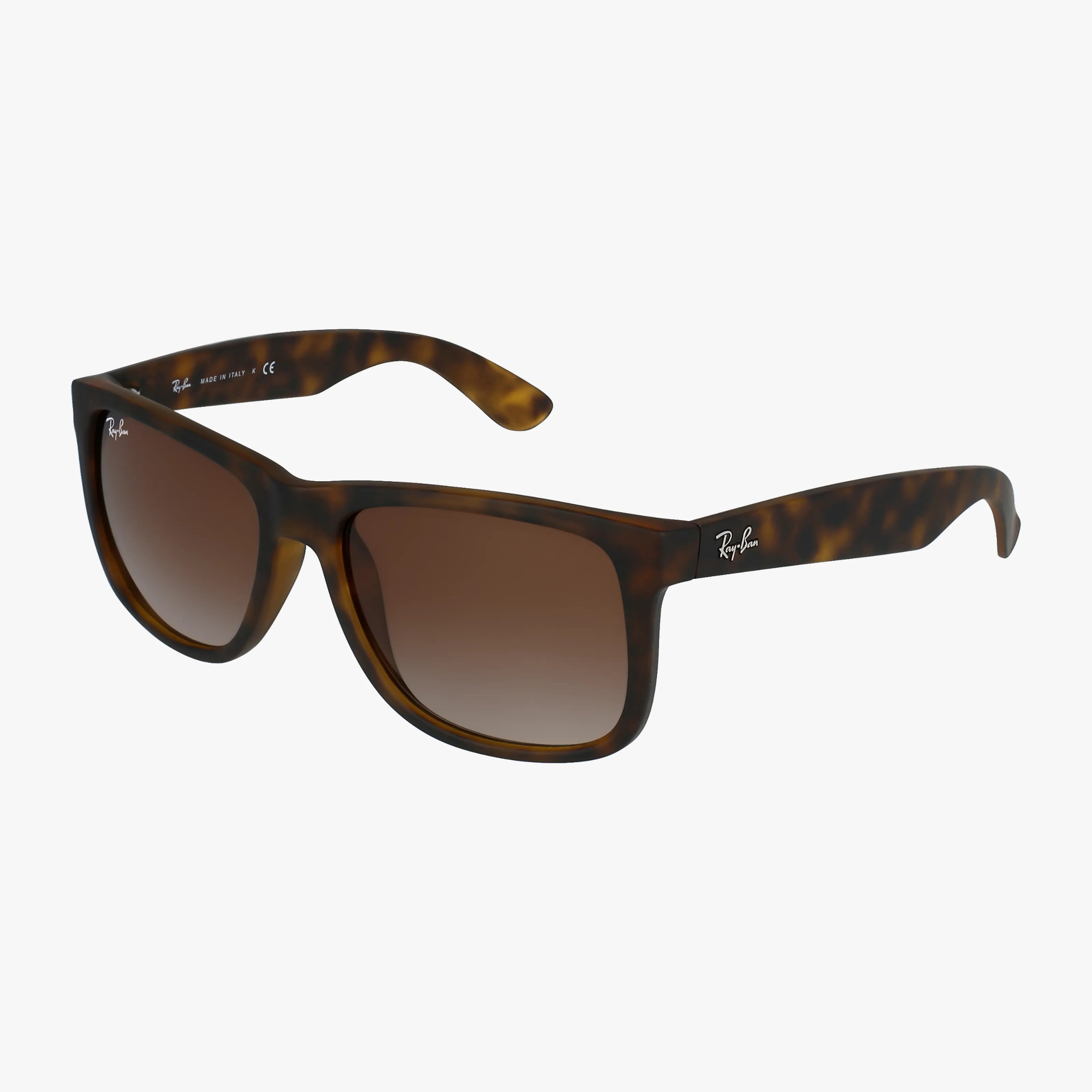 A pair of Ray-Ban RB4165 JUSTIN sunglasses with a brown tortoiseshell frame and rectangular gradient brown lenses in a classic style, shown against a white background.