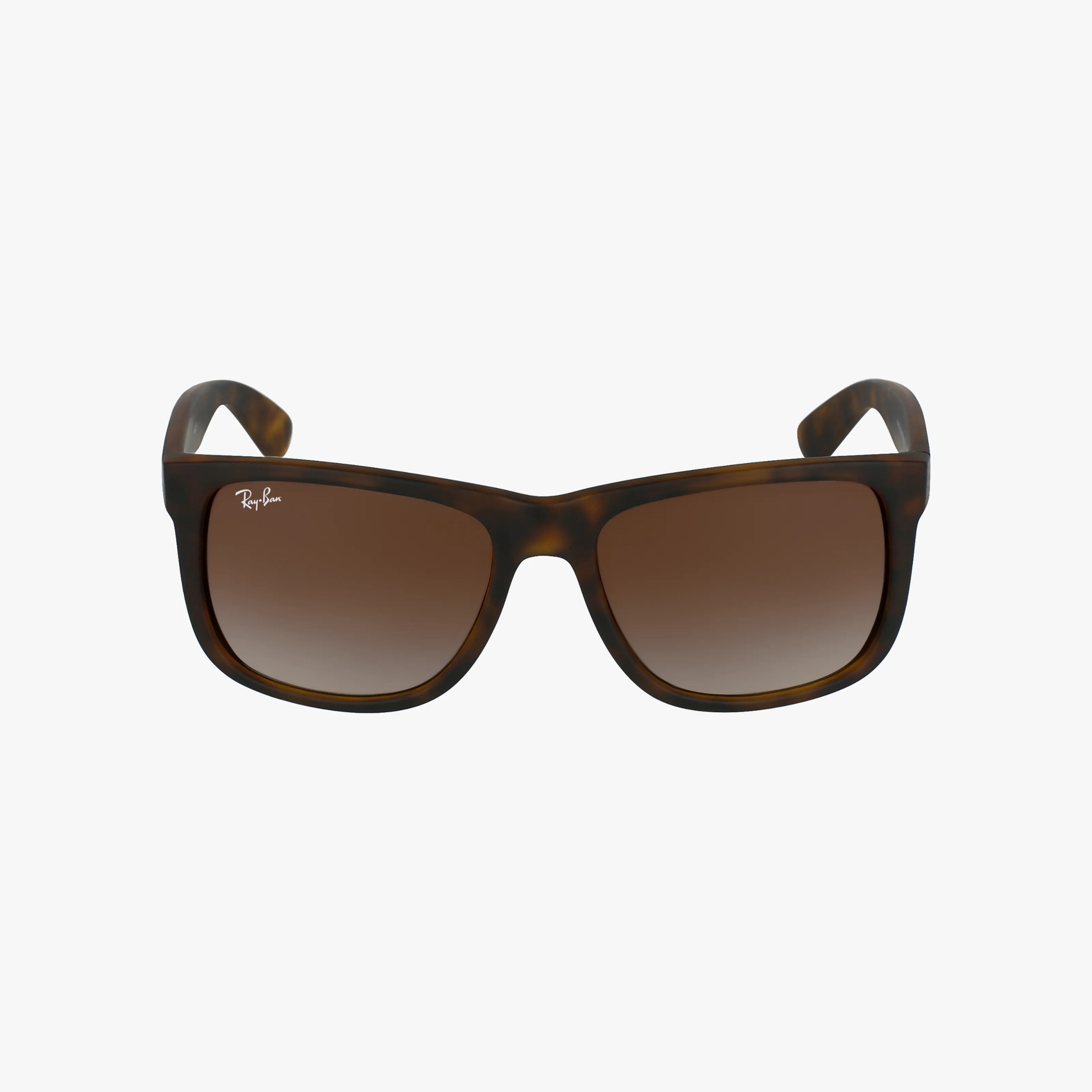 Front view of RB4165 JUSTIN brown tortoiseshell sunglasses with a classic shape and gradient brown lenses, displayed on a white background—ideal for fans of neutral tones.