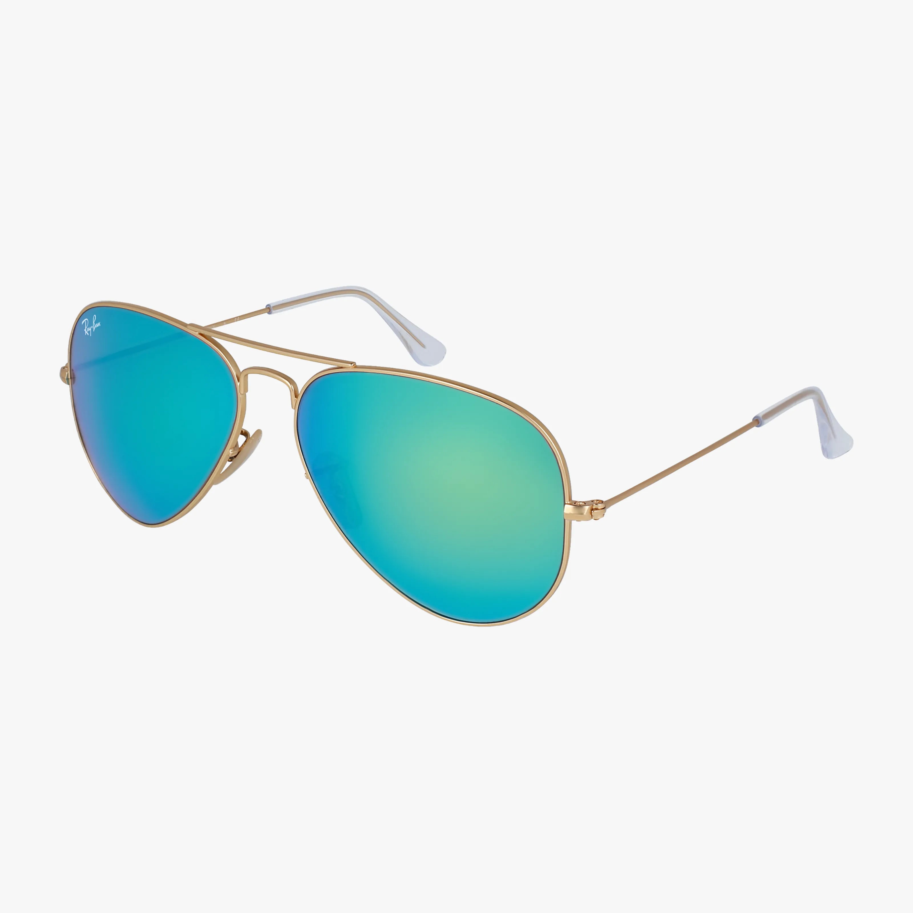 Ray-Ban RB3025 LARGE AVIATOR sunglasses feature gold frames, thin metal arms, and mirrored blue-green lenses, shown on a white background.