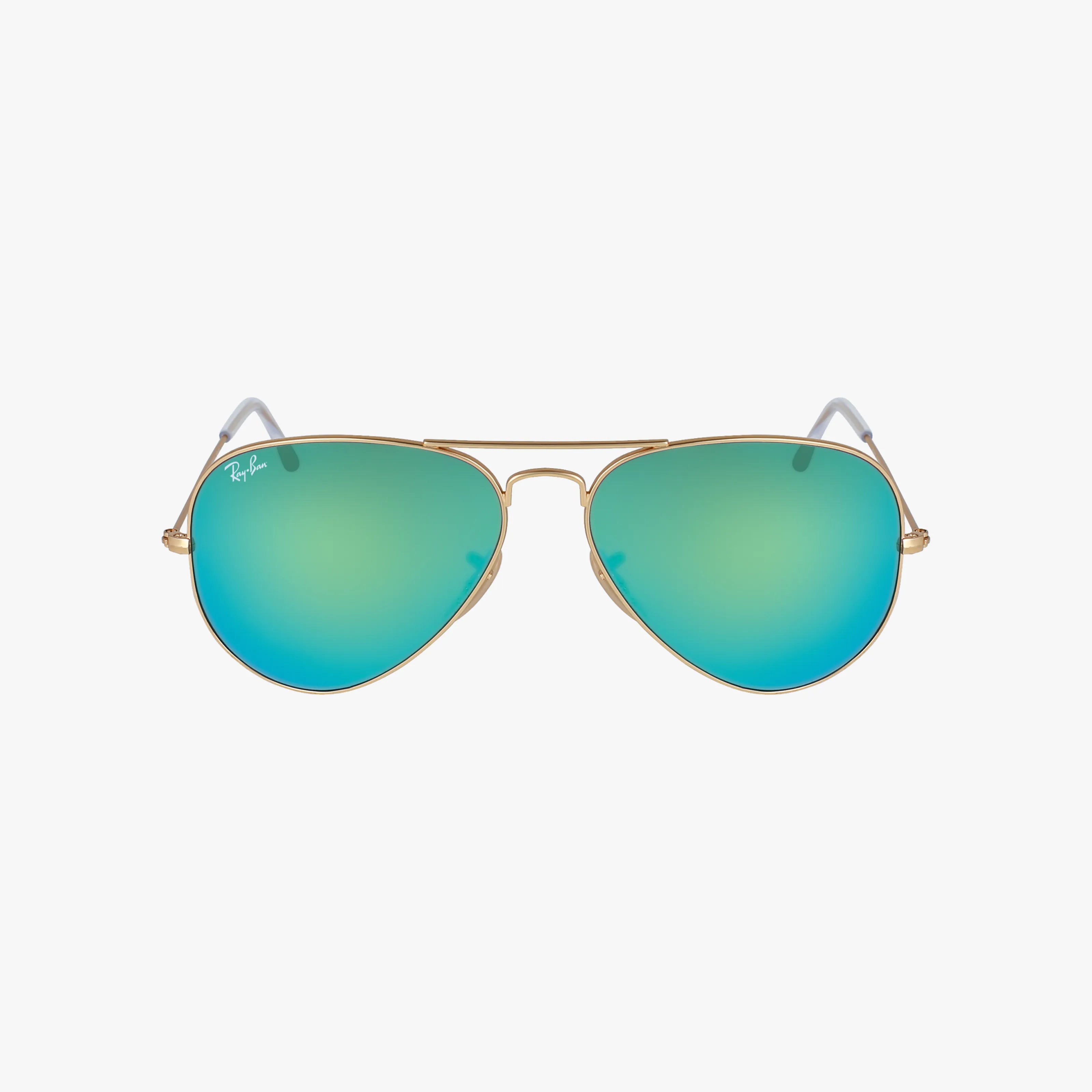 Front view of RB3025 LARGE AVIATOR Ray-Ban sunglasses featuring gold frames and reflective green-blue gradient lenses on a plain white background.