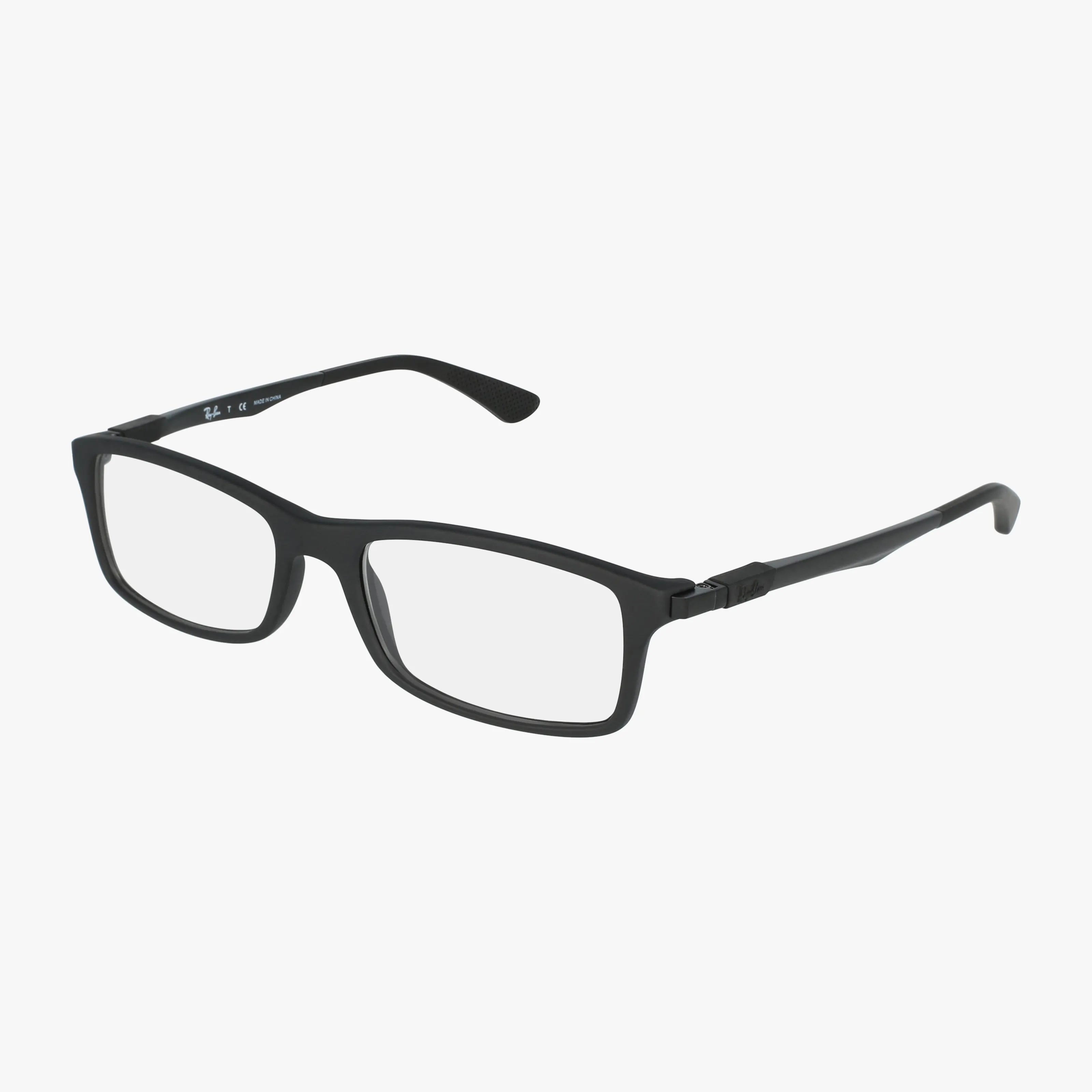 The RX7017 eyeglasses feature a black rectangular frame with clear lenses and slightly curved temples, presented on a white background.