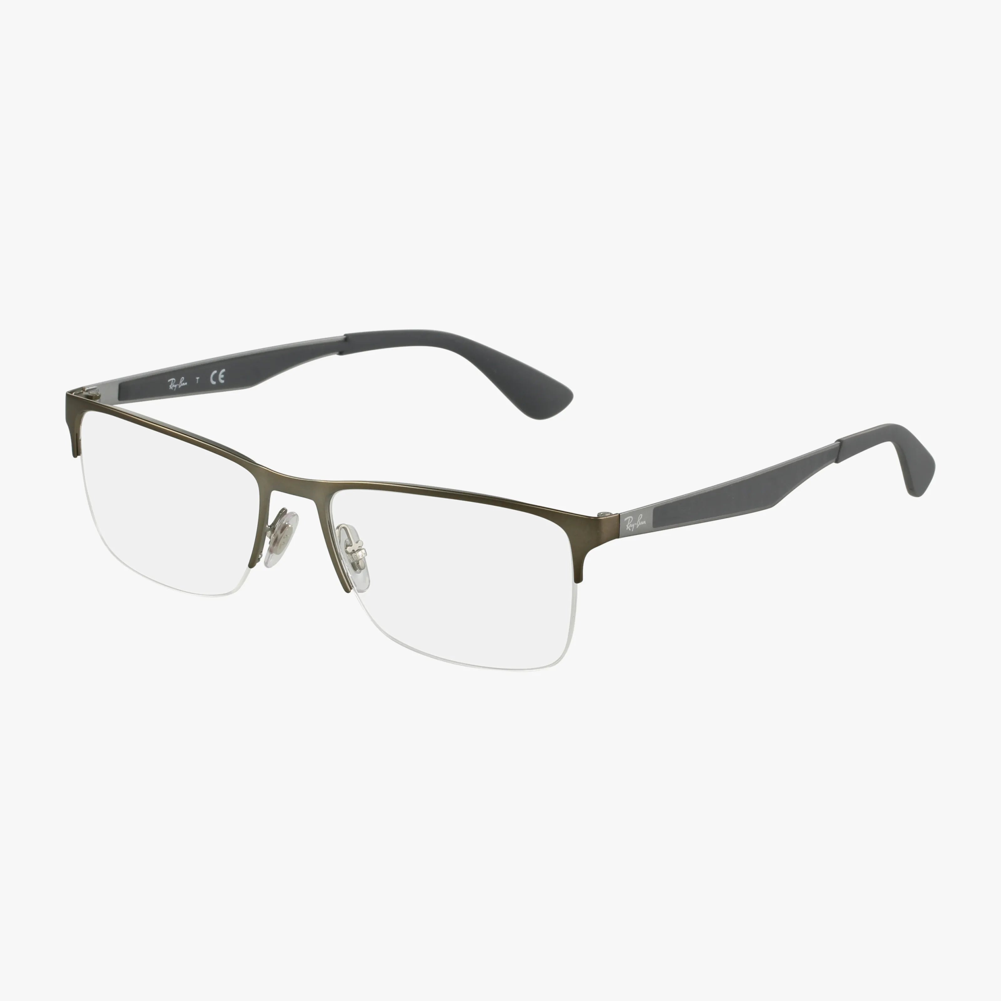 The RX6335 features a rectangular, semi-rimless frame with thin metal construction, adjustable nose pads, and black temple arms. Lightweight and stylish for everyday comfort, these eyeglasses are shown on a white background.