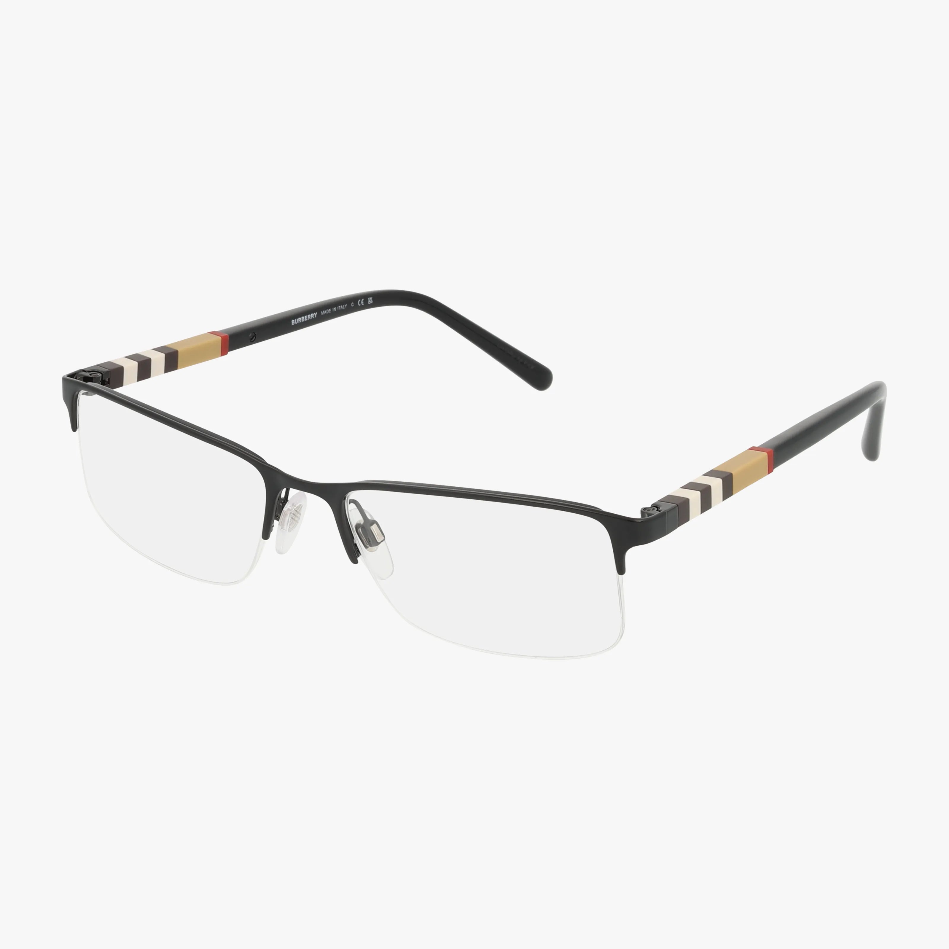 The BE1282 eyeglasses feature a modern, rectangular rimless frame with black temples accented by a striped beige, black, red, and white pattern near the hinges, displayed against a white background.