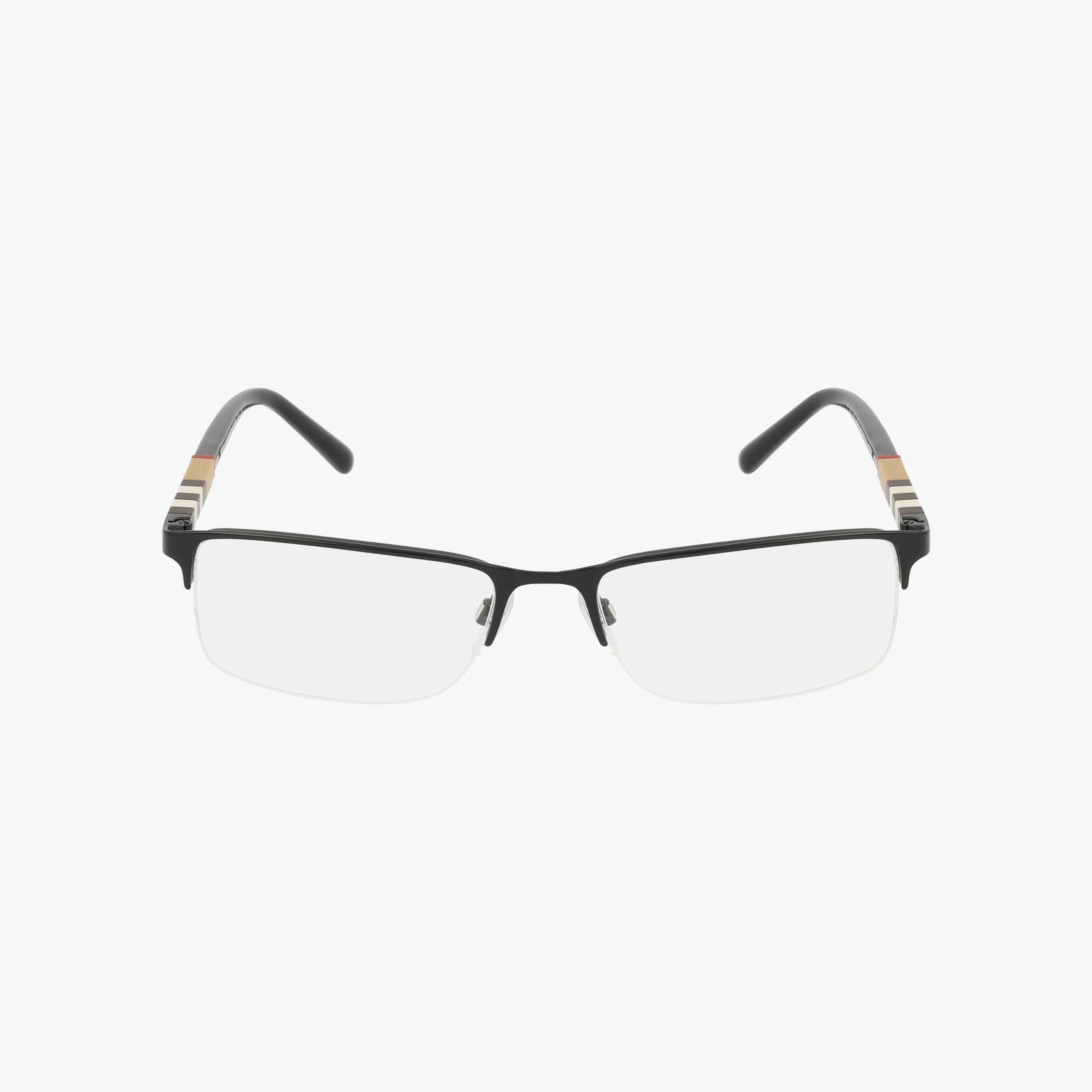 The BE1282 features rectangular semi-rimless black frames with clear lenses, a modern design, and thin temples accented by a subtle brown stripe near the hinges, shown against a white background.