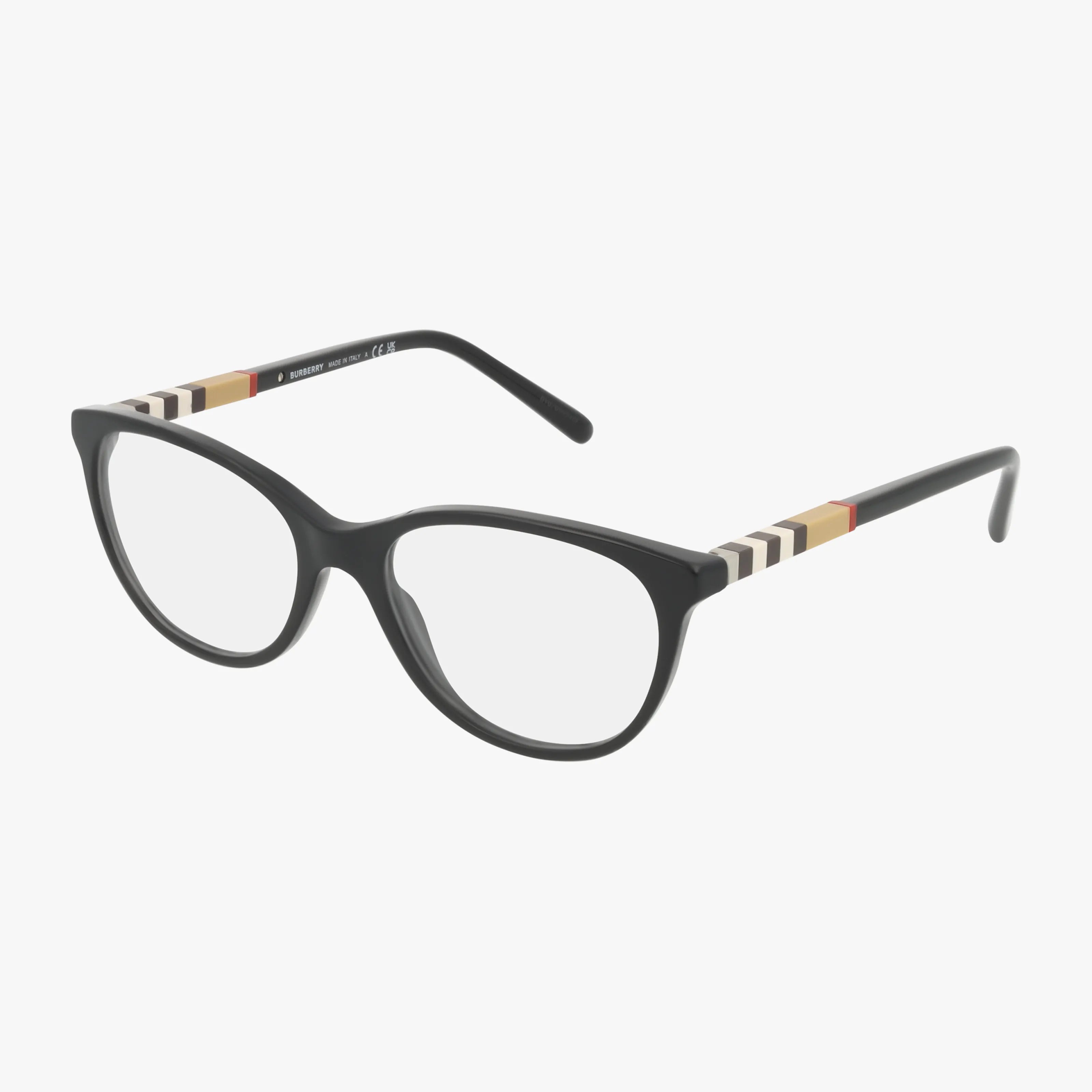 The BE2205 features black-rimmed, rounded blue light lenses and lightweight frames. The temples showcase a beige, red, and black striped pattern near the hinges. Displayed on a plain white background.