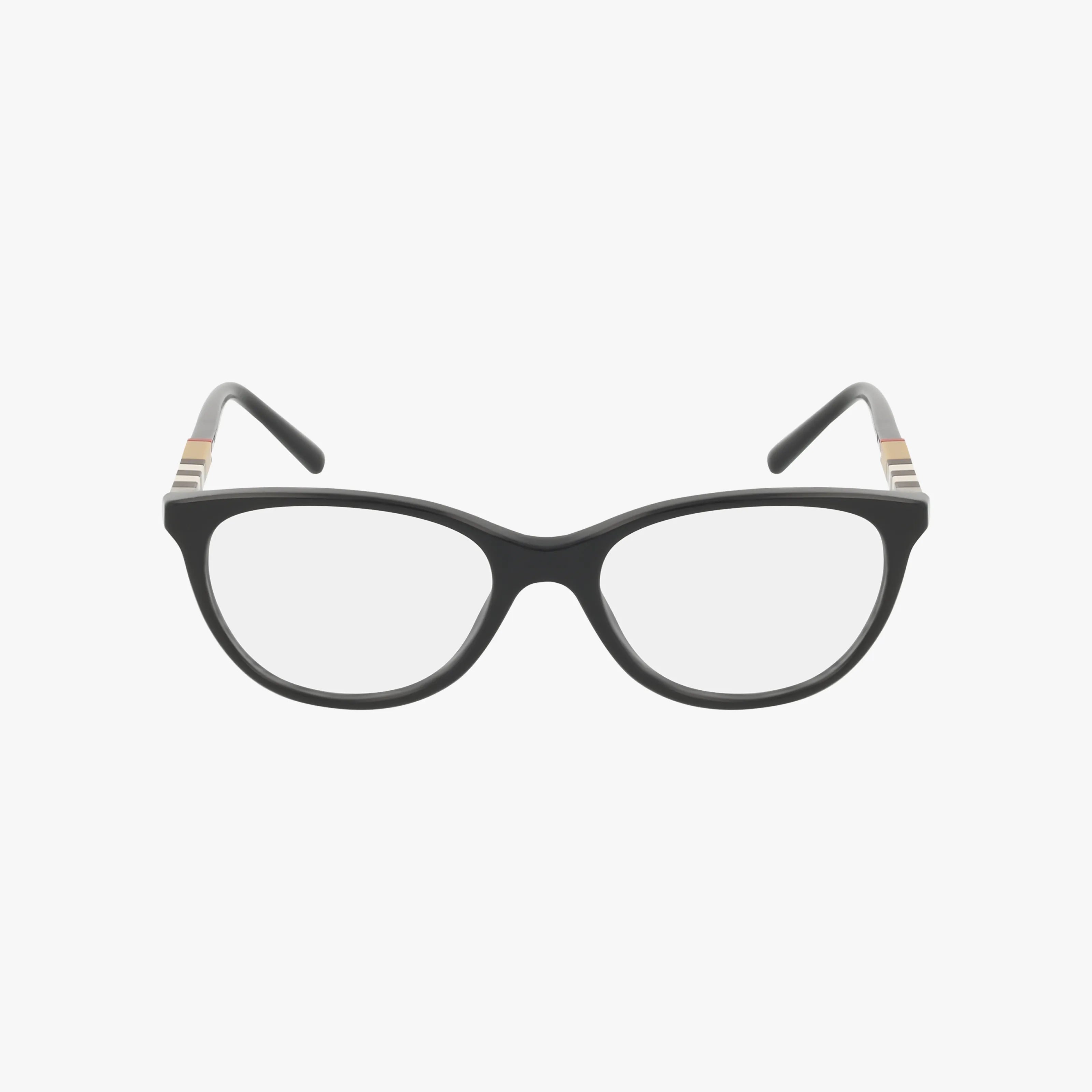 BE2205 black oval eyeglasses feature blue light lenses and a lightweight, clear design with gold and beige striped temple accents, shown on a plain white background.