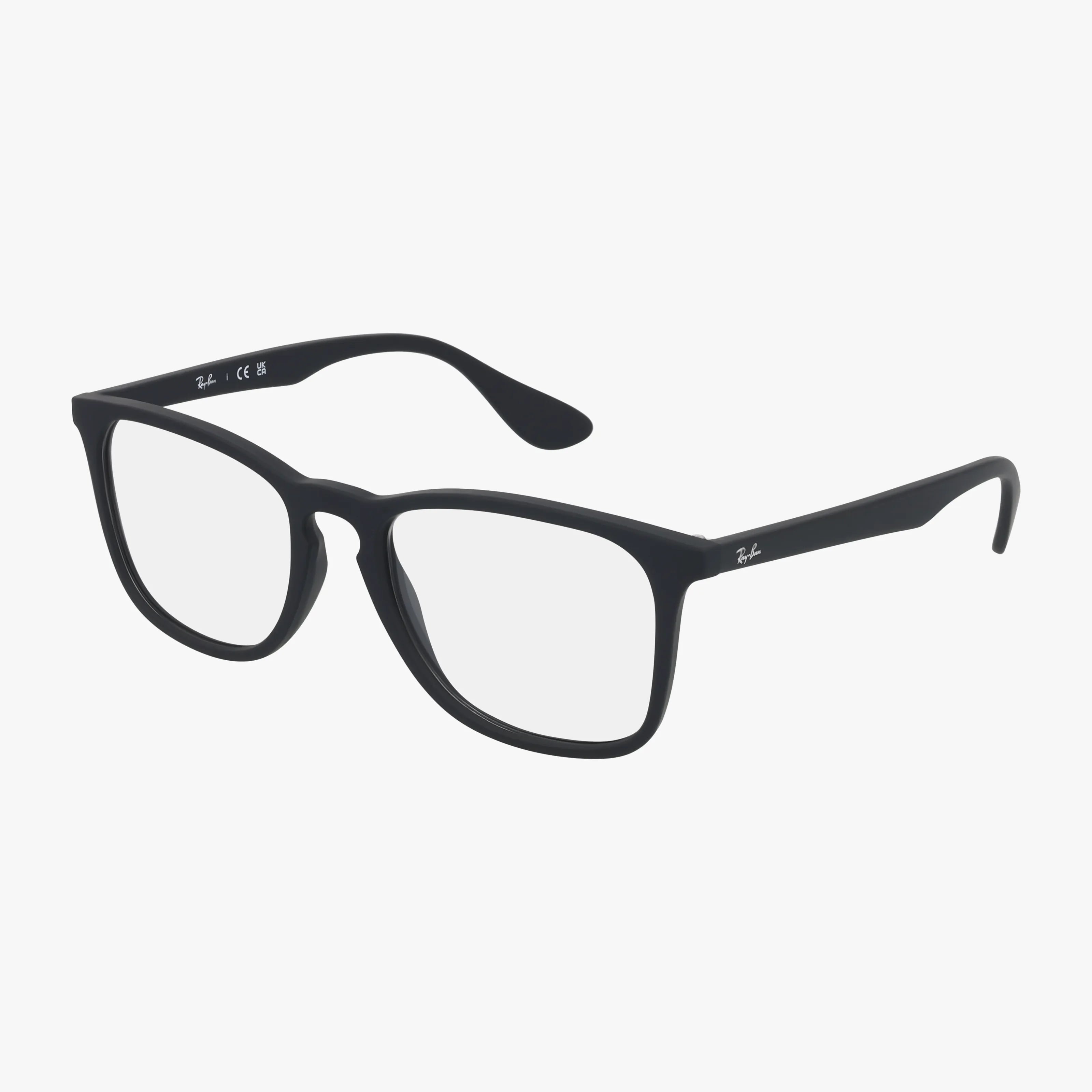 Black-rimmed rectangular eyeglasses (RX7074) shown at an angle on a white background. The Ray-Ban logo appears on the left temple, showcasing the stylish, lightweight frame design.