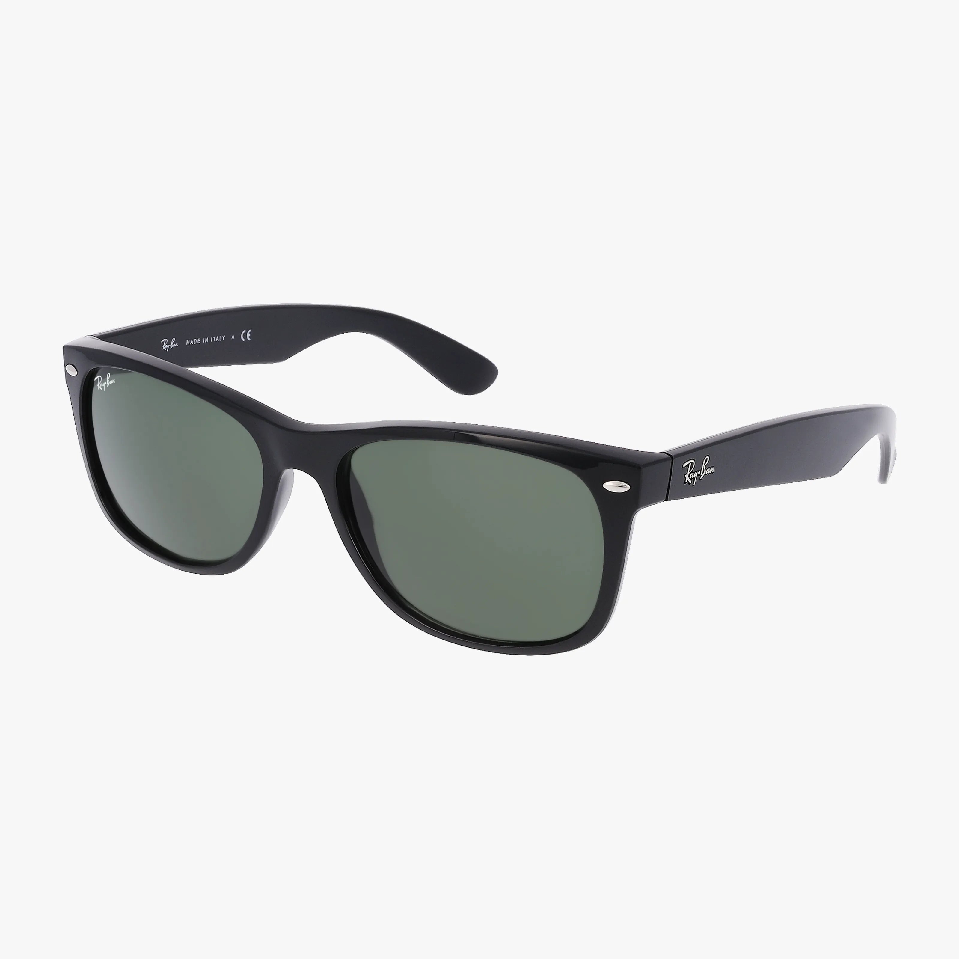 The RB2132 NEW WAYFARER sunglasses feature a black frame and dark green lenses, showcased against a white background.