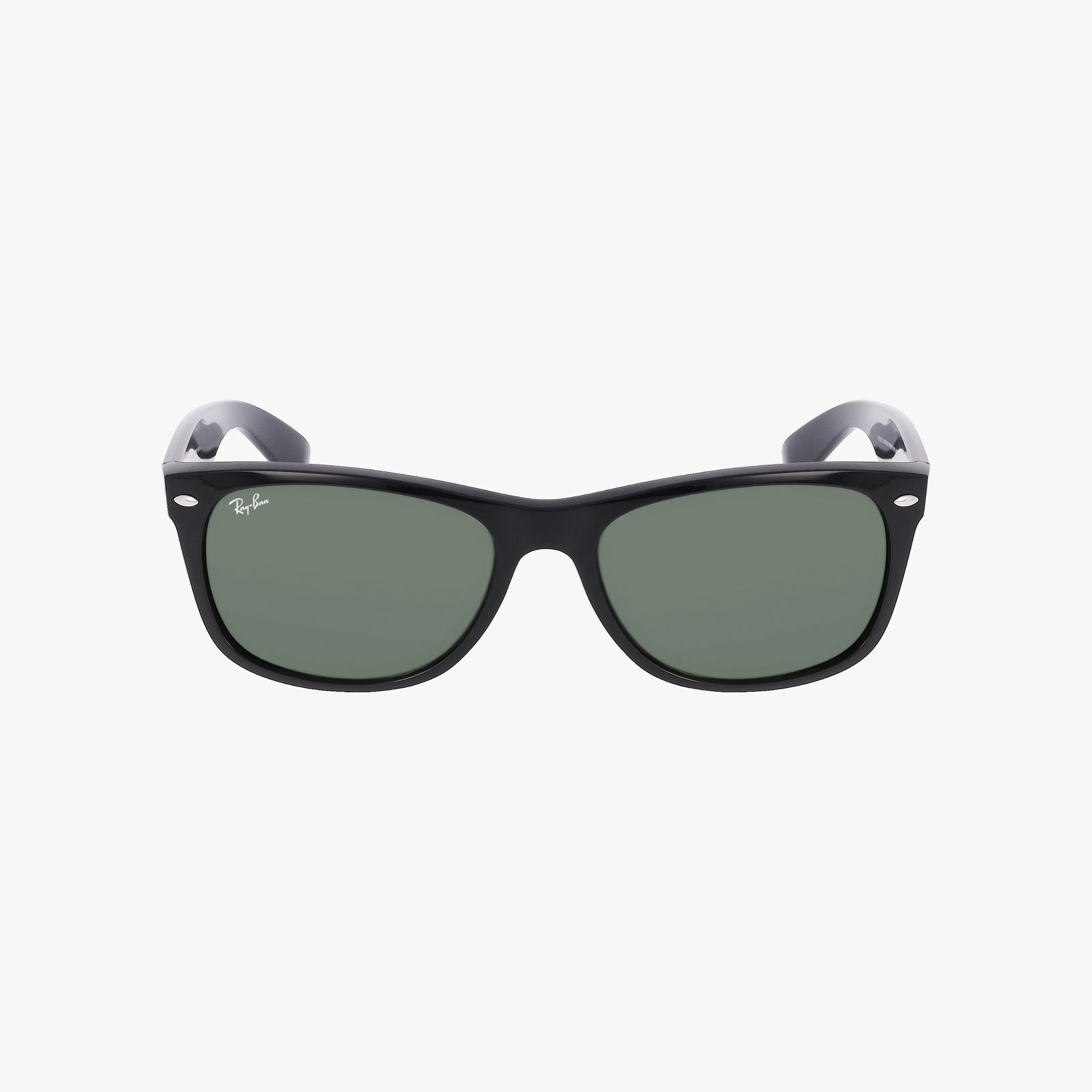 Front view of RB2132 NEW WAYFARER sunglasses in black, featuring dark green lenses and silver accents at the top corners, displayed against a plain white background.