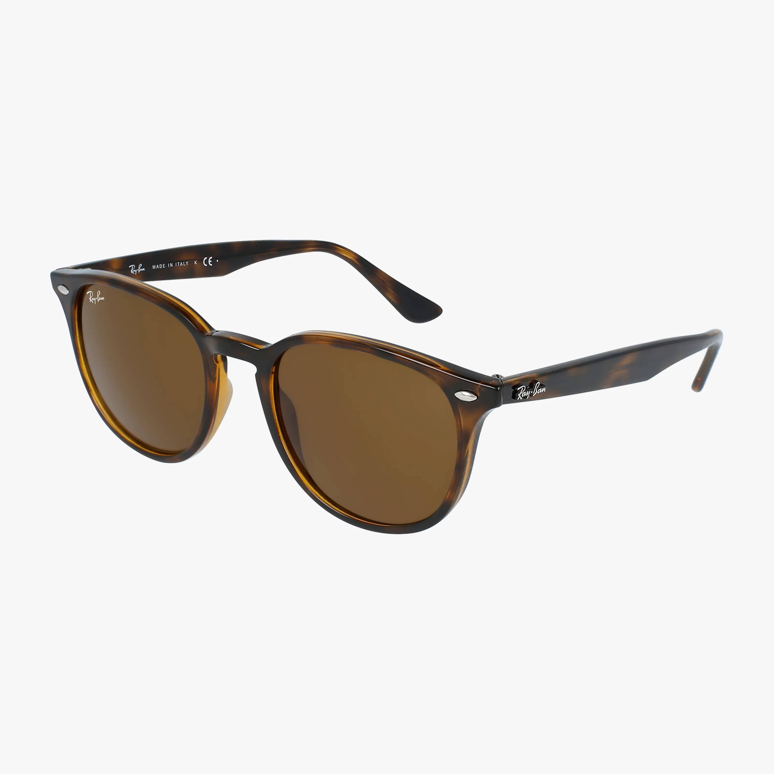 RB4259 brown tortoiseshell sunglasses feature round lenses, slim arms, UV protection, and Ray-Ban logos on the lens and temple. They are shown on a white background for a stylish presentation.