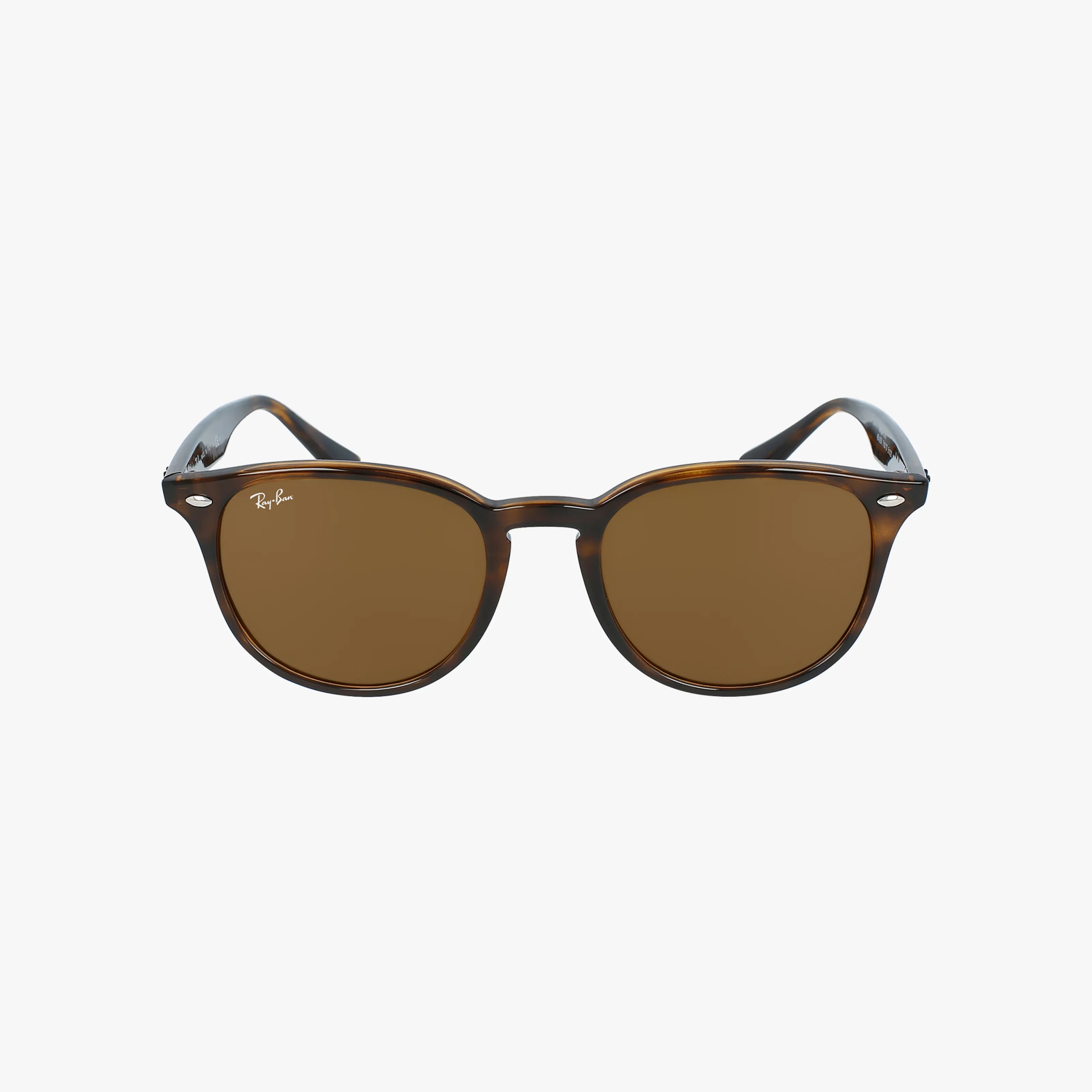 RB4259 brown round premium sunglasses feature dark lenses, a subtle tortoiseshell frame, and a white Ray-Ban logo on the top left lens, offering exceptional UV protection, shown on a plain white background.