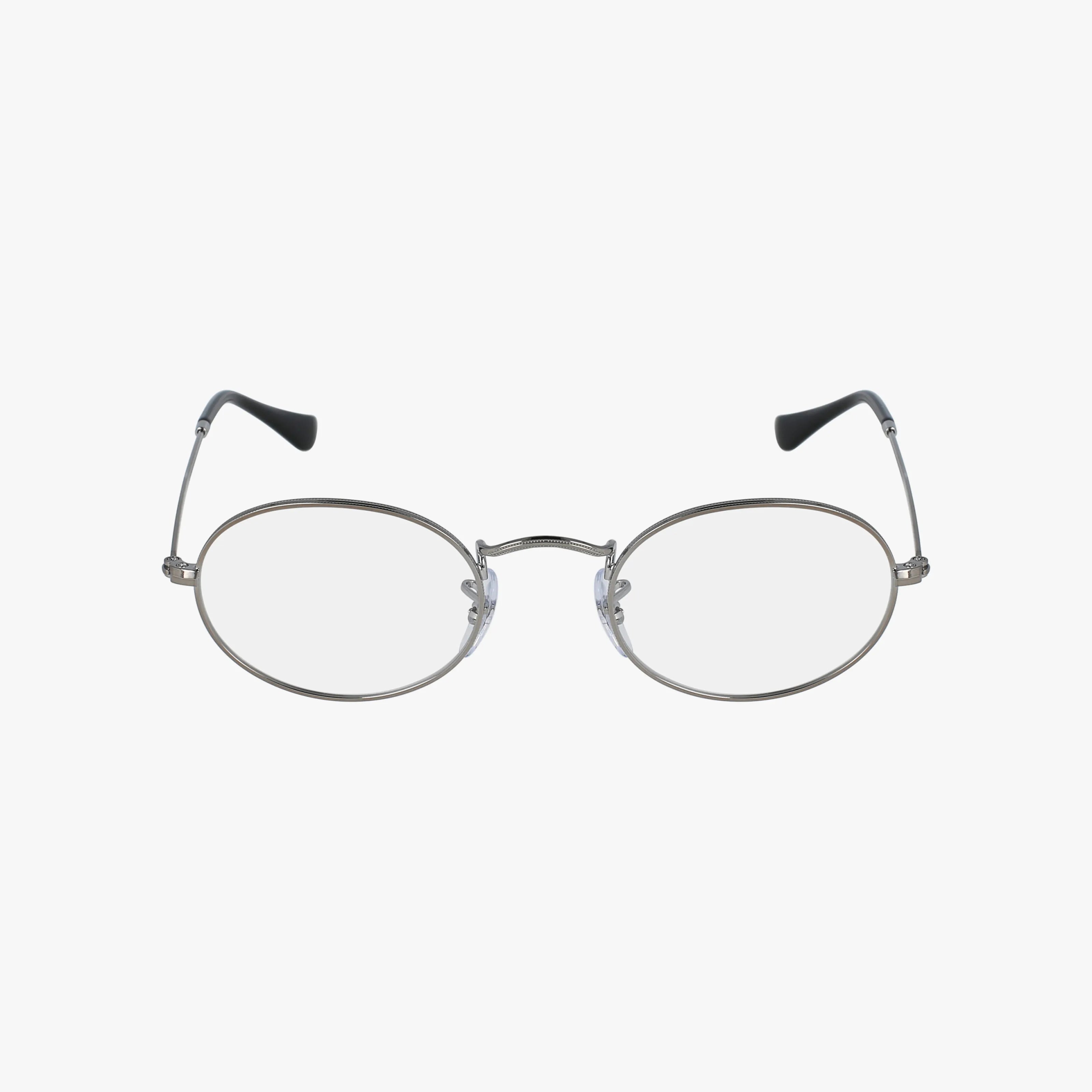 A pair of RX3547V OVAL silver metal eyeglasses featuring a stylish frame, clear lenses, and black temple tips, displayed on a plain white background.