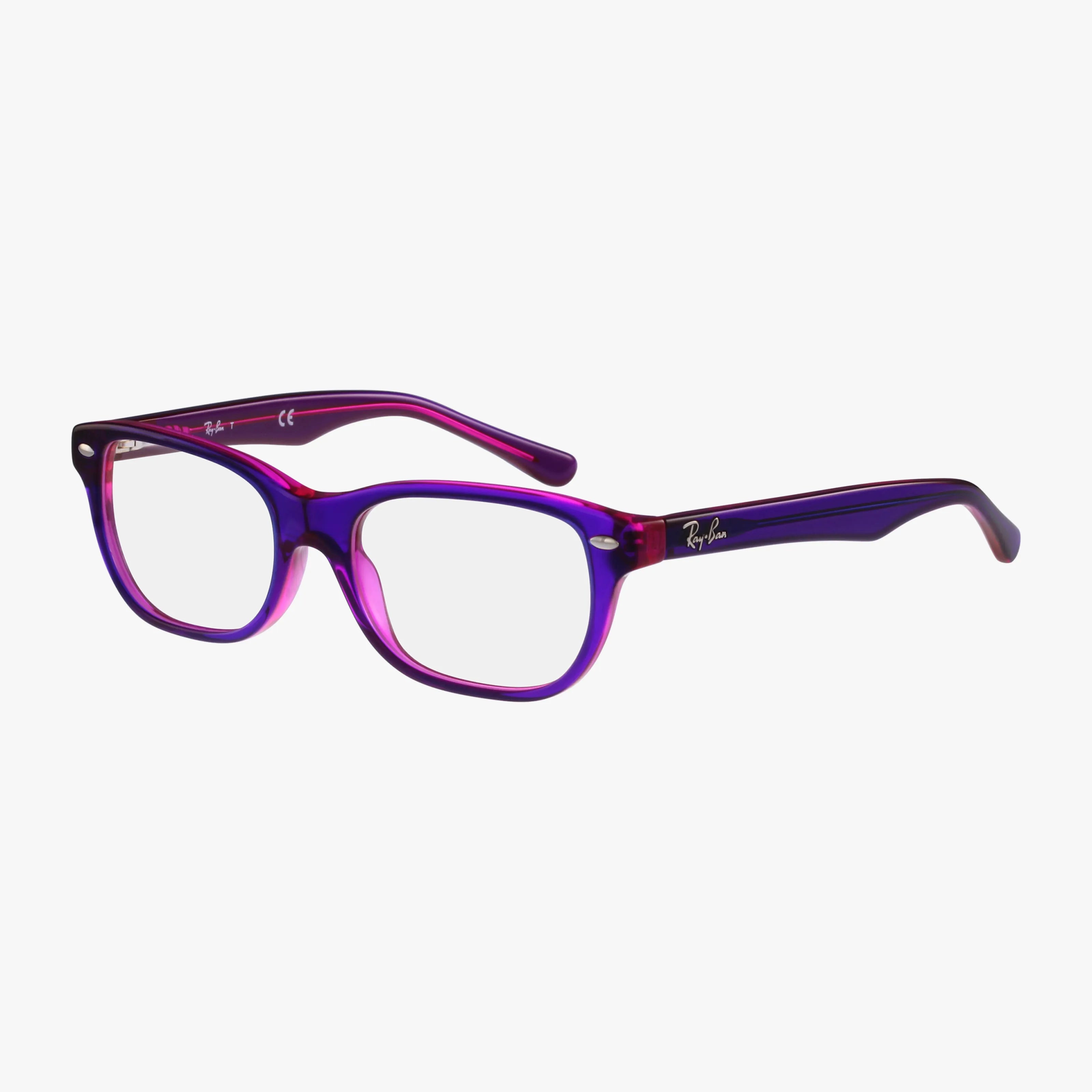The RY1555 Ray-Ban eyeglasses feature clear lenses and a bold, rectangular purple and pink frame displayed against a white background—perfect for a standout look.
