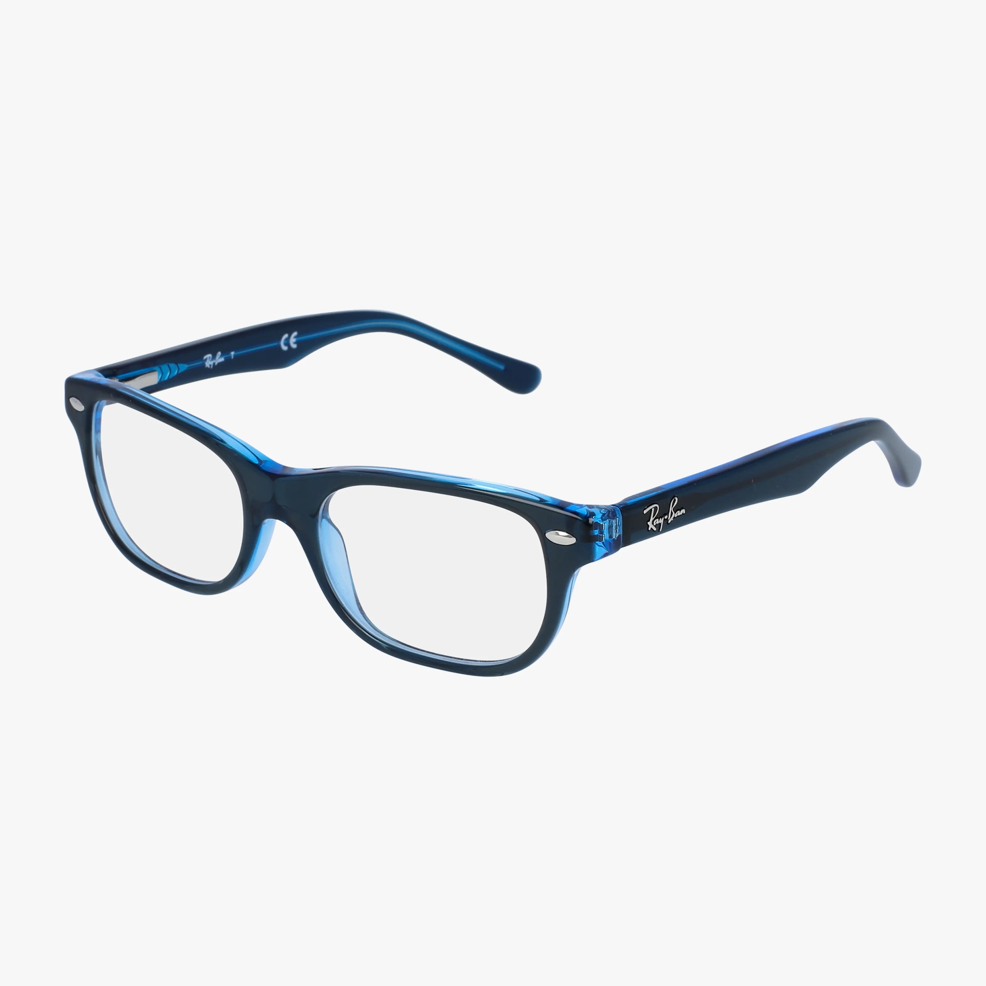 The Ray-Ban RY1555 features blue rectangular lenses in thick plastic frames, designed for success and showcased on a white background.