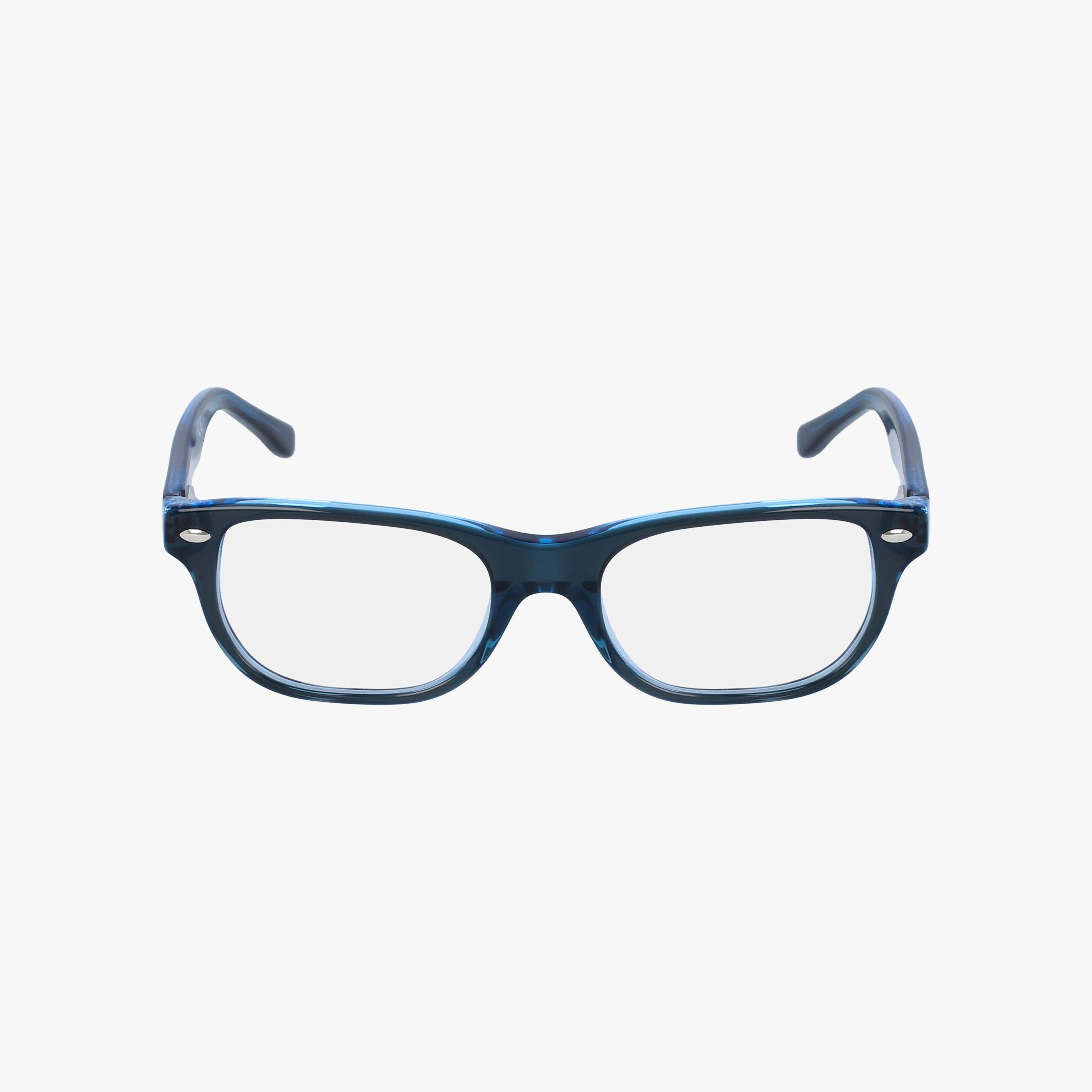 The RY1555 is a pair of blue, rectangular eyeglasses with clear lenses and slightly curved arms, designed for success and shown on a plain white background.