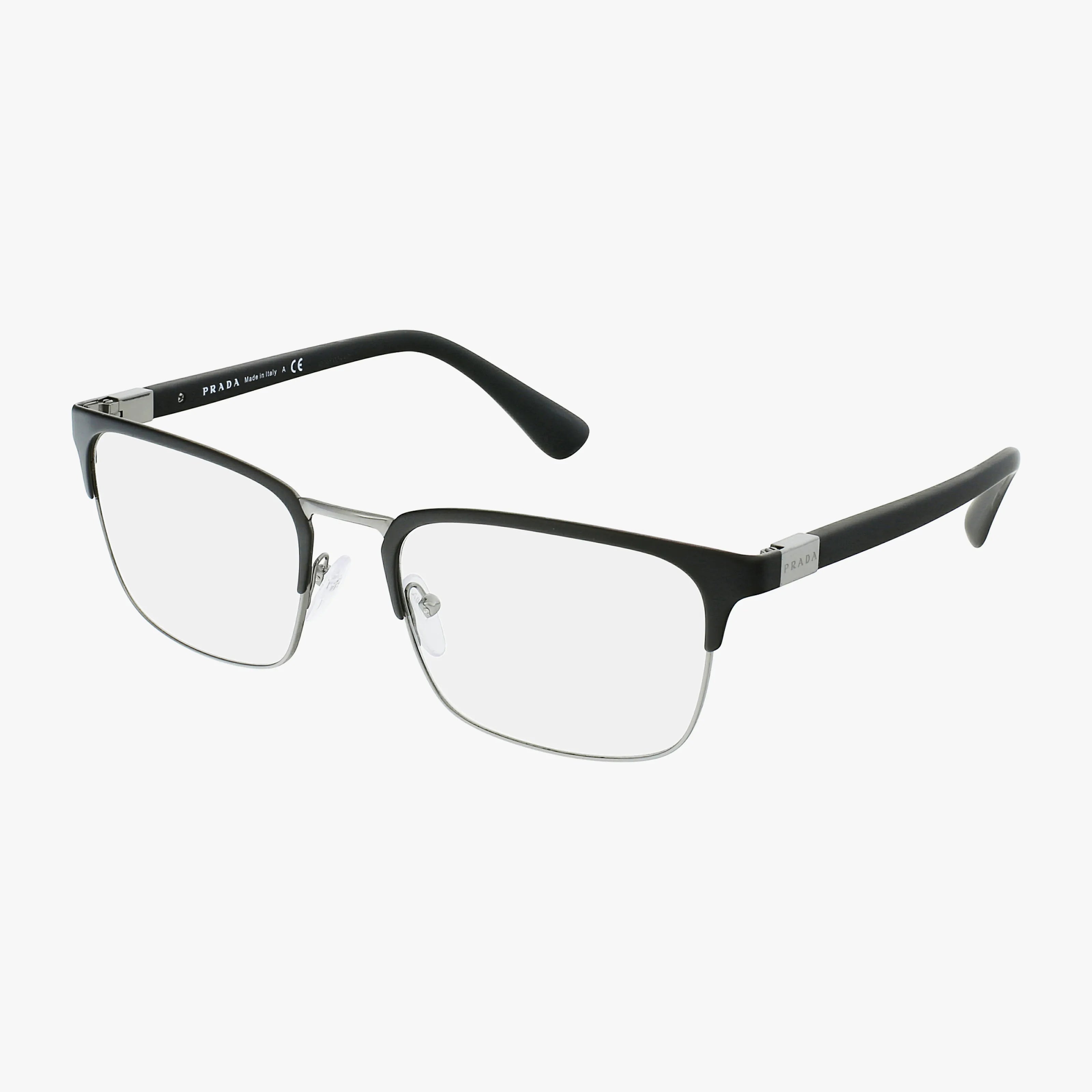 The Prada PR54TV eyeglasses feature rectangular lenses, slim black and silver metal frames, and black arms with silver hinge accents—a versatile choice for stylish prescription lenses. Displayed on a white background.