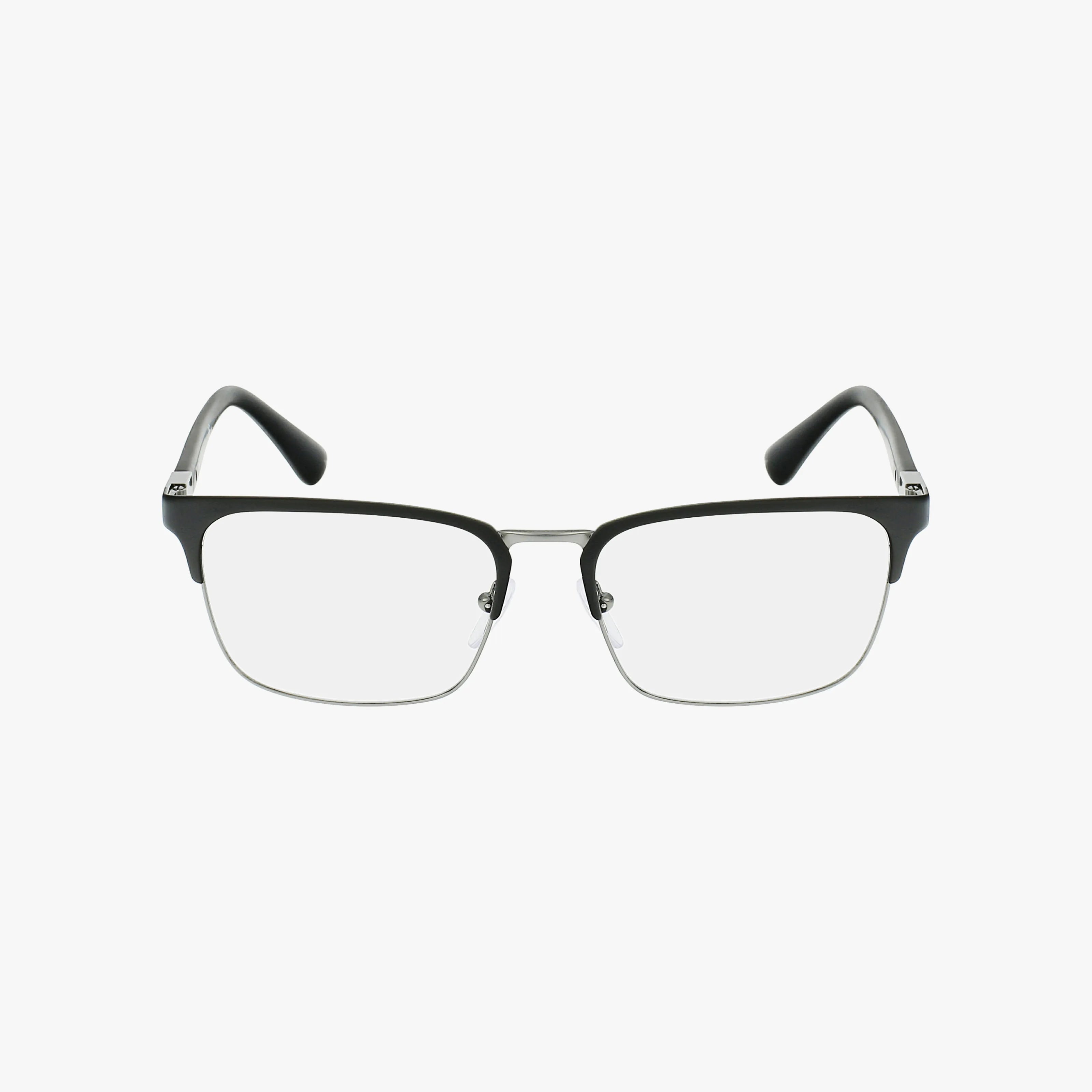 The PR54TV eyewear, featuring black upper frames and temples, silver metal rims on the lower half, and clear lenses, is shown on a plain white background. This versatile frame complements diverse styles and occasions.