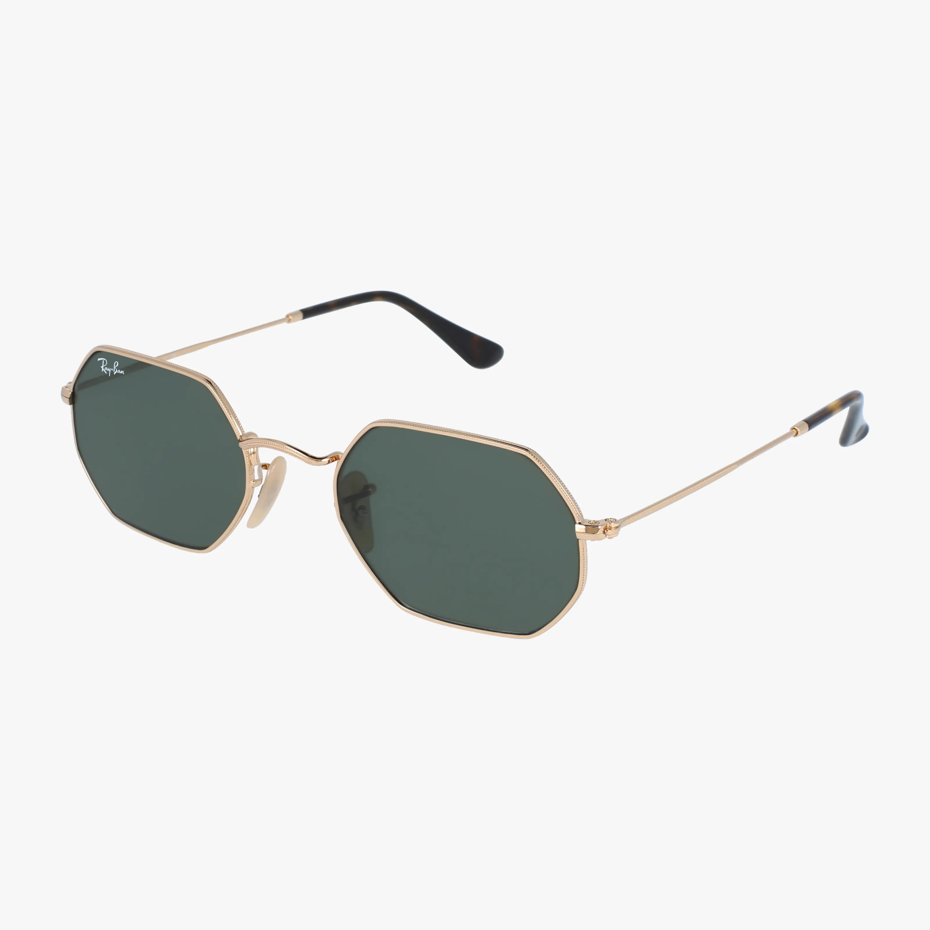 The RB3556N OCTAGONAL sunglasses feature gold metal frames and dark green lenses, displayed on a white background—ideal for stylish vision benefits.