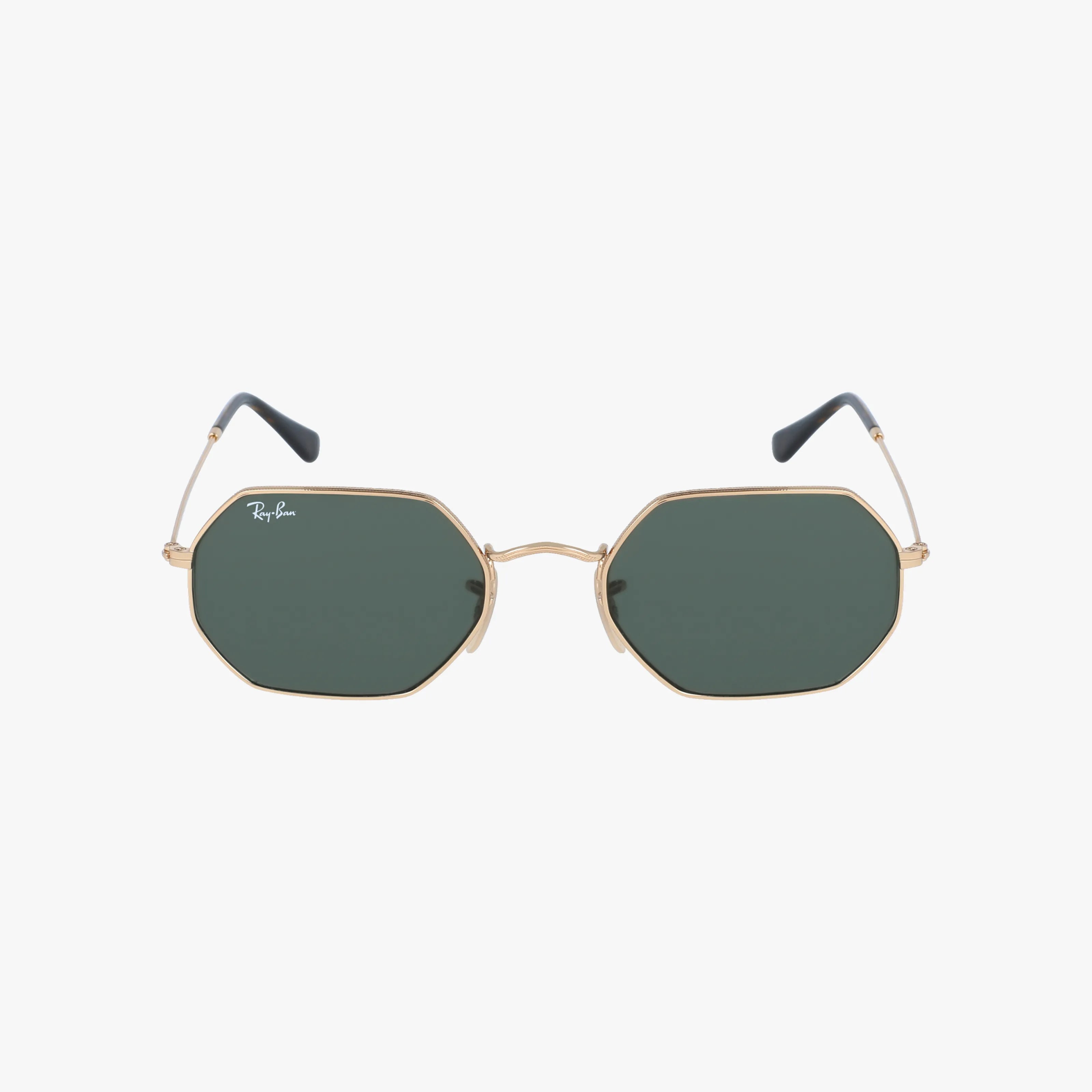 RB3556N OCTAGONAL sunglasses feature gold frames, dark green lenses, and the Ray-Ban logo on the top left lens, all shown against a white background for a stylish and functional look.