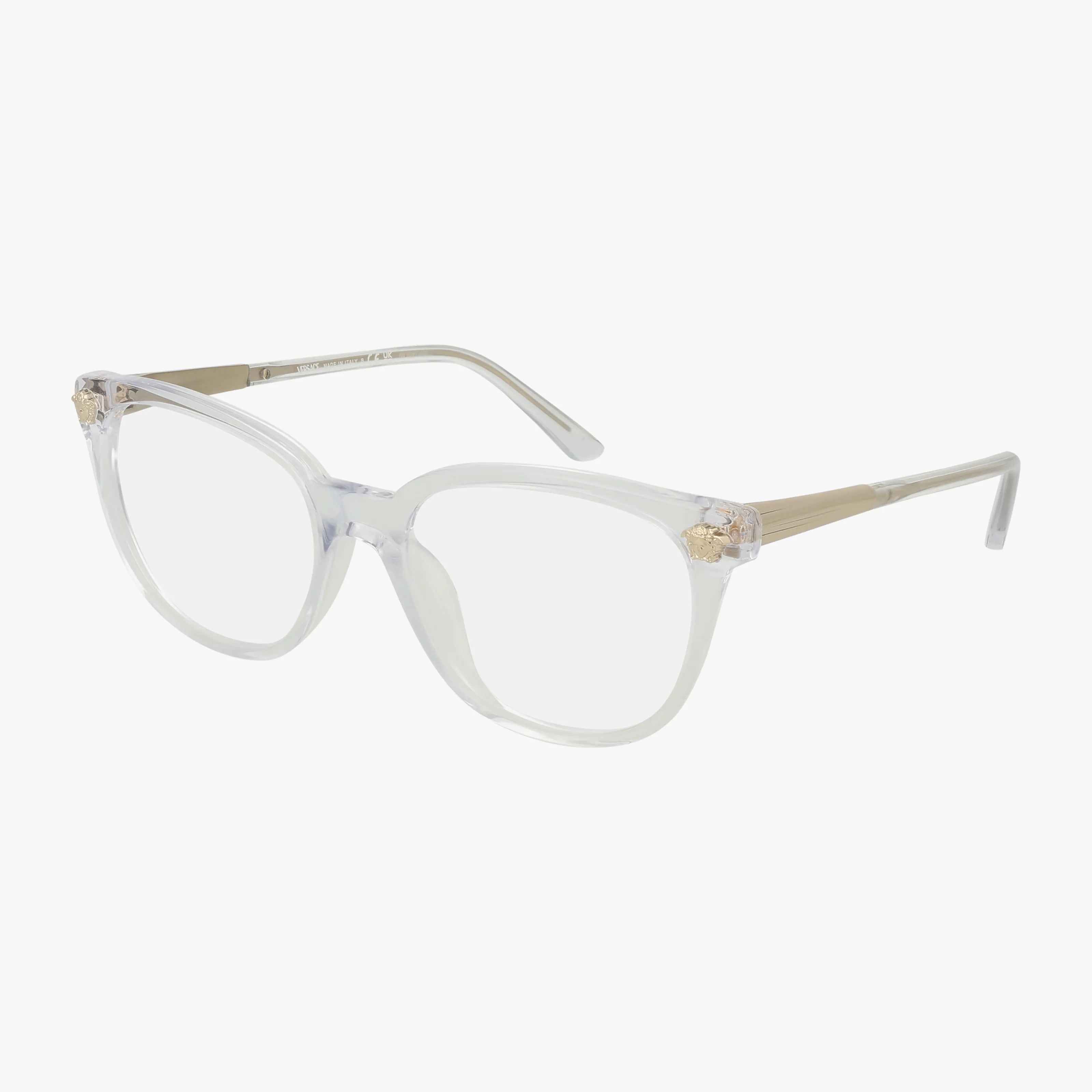The 3242A eyeglasses feature clear, square frames with transparent rims and beige arms, shown on a white background.