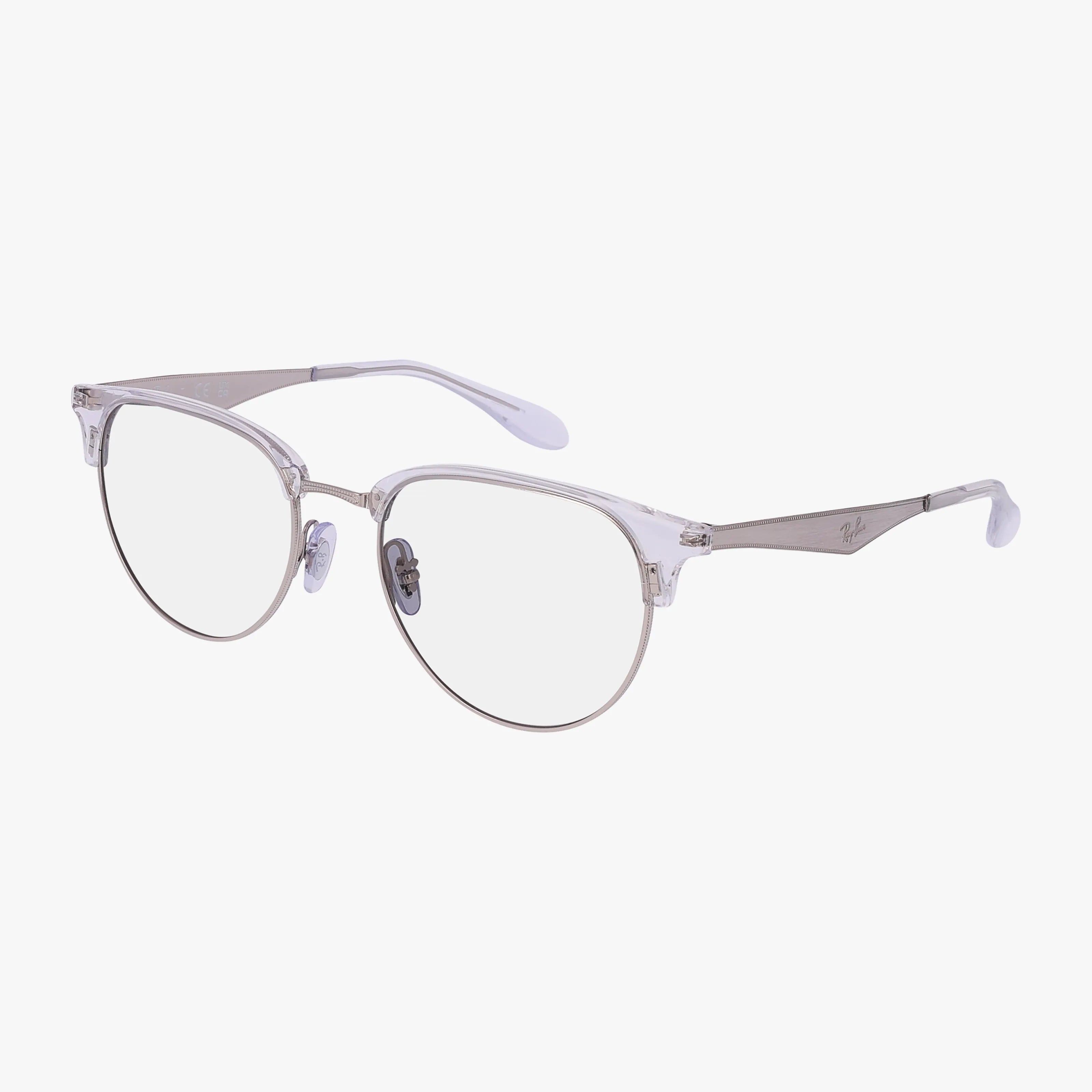 The RX6396 features clear frames, round lenses, metal arms, and translucent nose pads, evoking mid-century eyewear style against a plain white background.