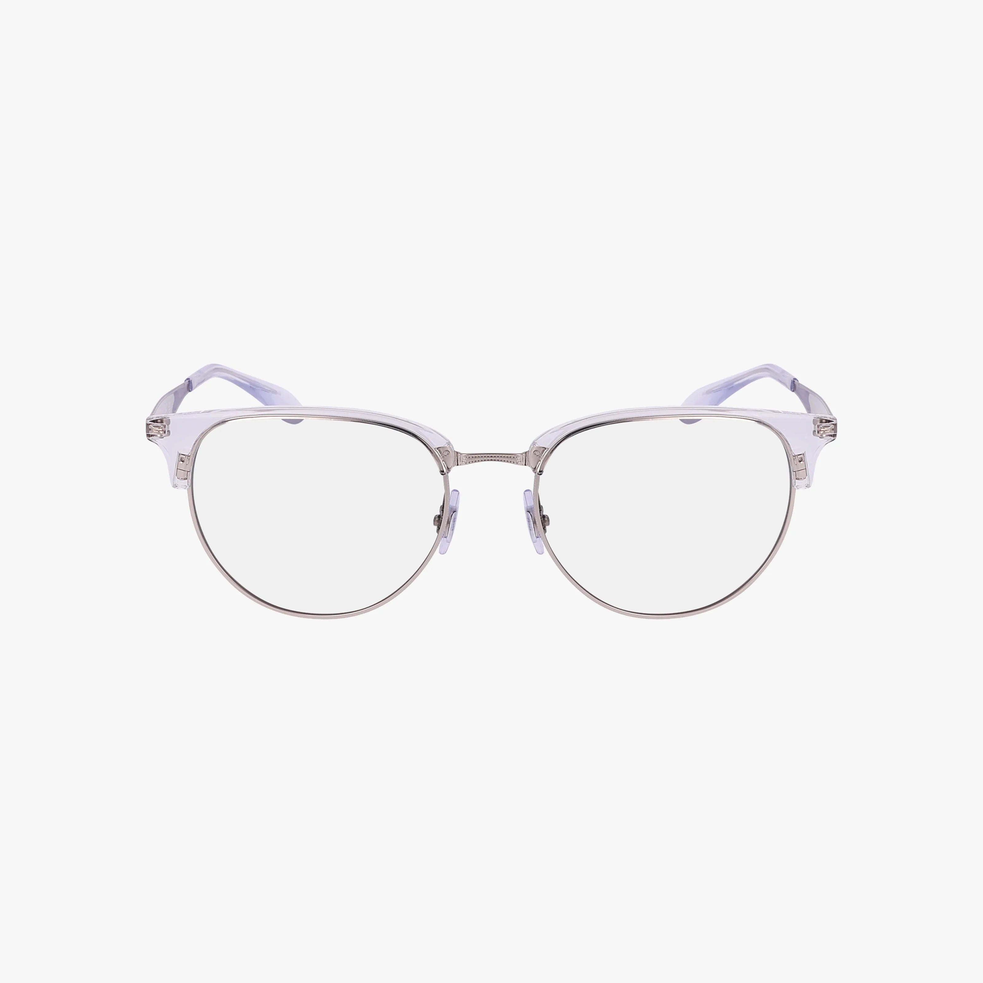 The RX6396 features round clear lenses, a silver metal bridge, and transparent light purple frames and temples for a modern take on mid-century style, shown against a white background.