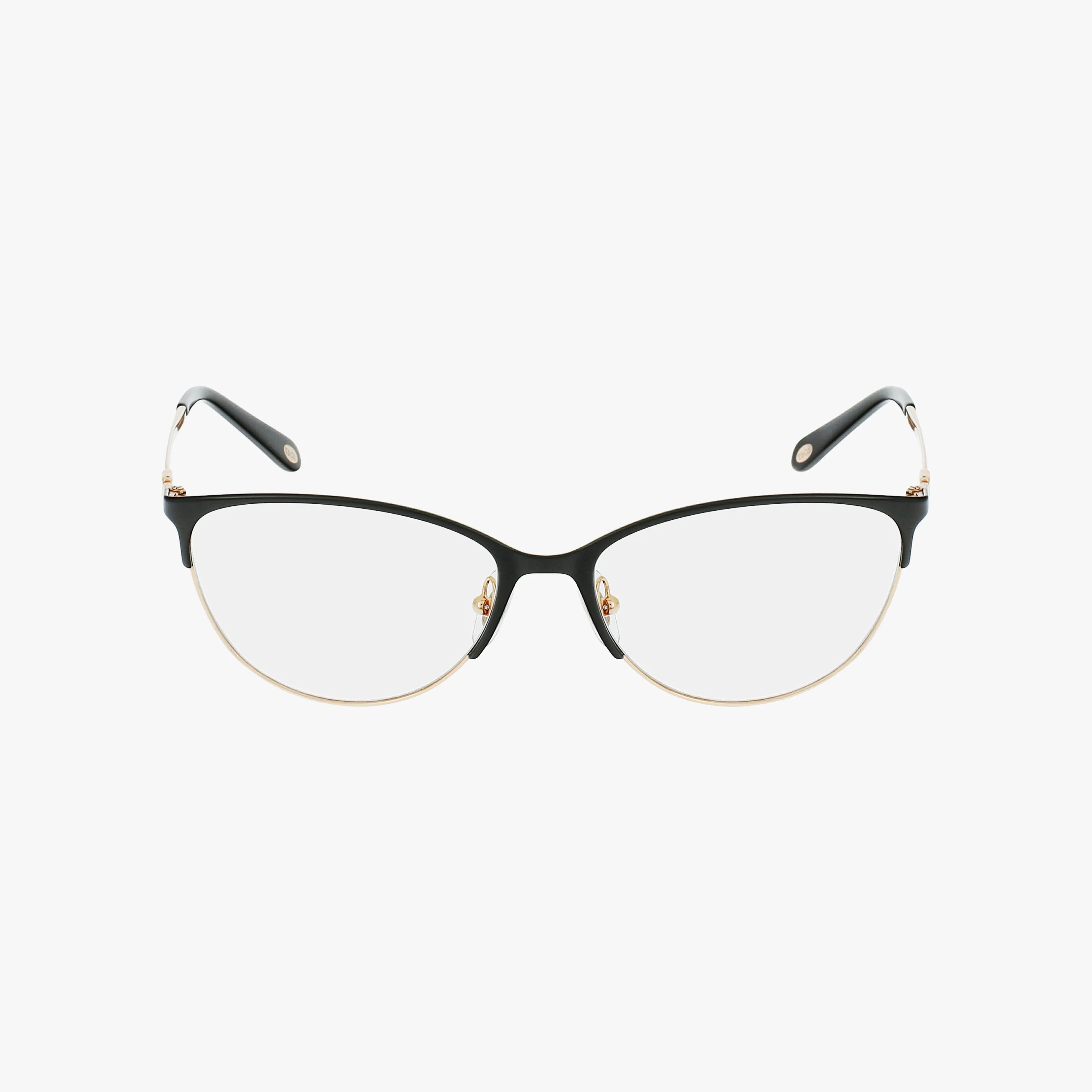 The TF1127 eyeglasses feature a chic frame with a black top half, slim gold lower rims, clear lenses, and black temple arms, presented on a white background for stylish vision support.