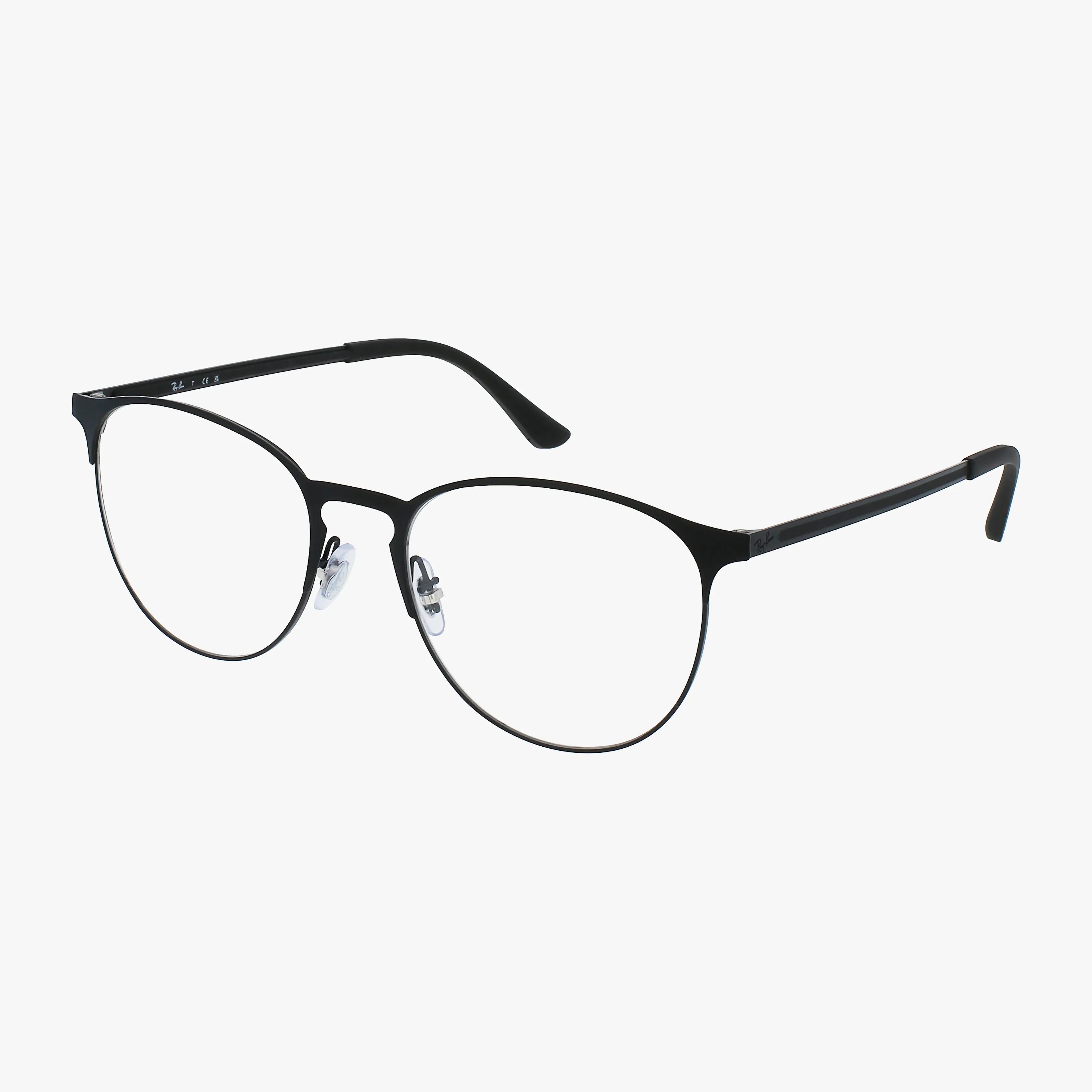 The RX6375 features a pair of black, round metal eyeglasses with clear nose pads and thin arms, boasting a durable frame and shown against a white background.