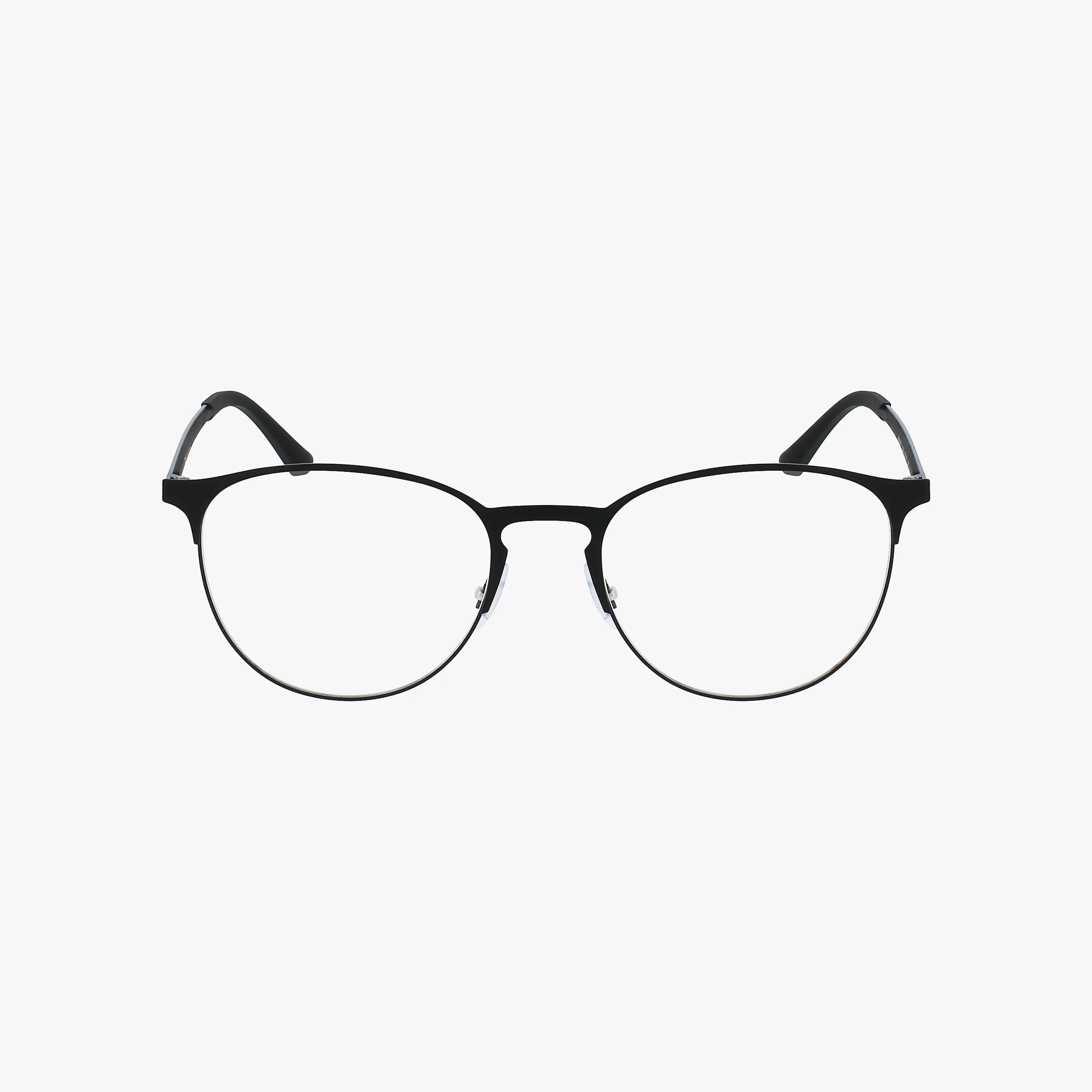Black metal round RX6375 eyeglasses with a durable frame and clear lenses, shown on a plain white background.