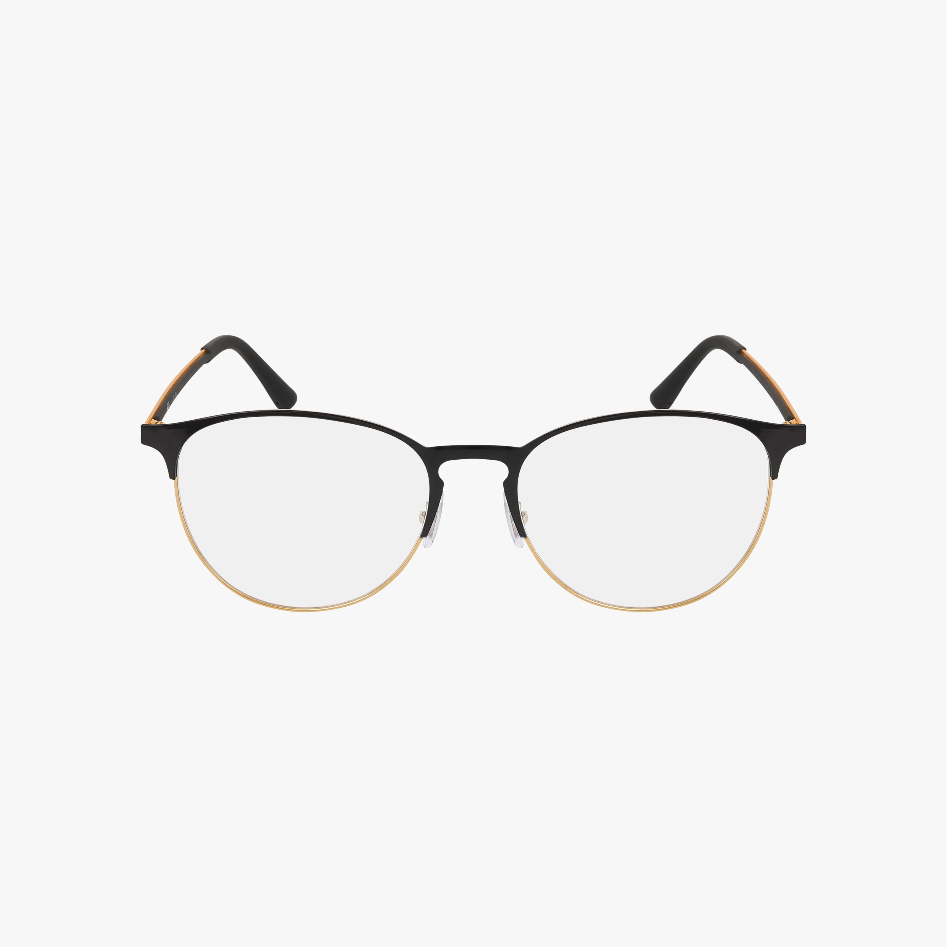 The RX6375 features a stylish design with black upper frames, gold lower rims, clear blue light lenses, and black temple arms. This durable eyeglass frame stands out against a plain white background.