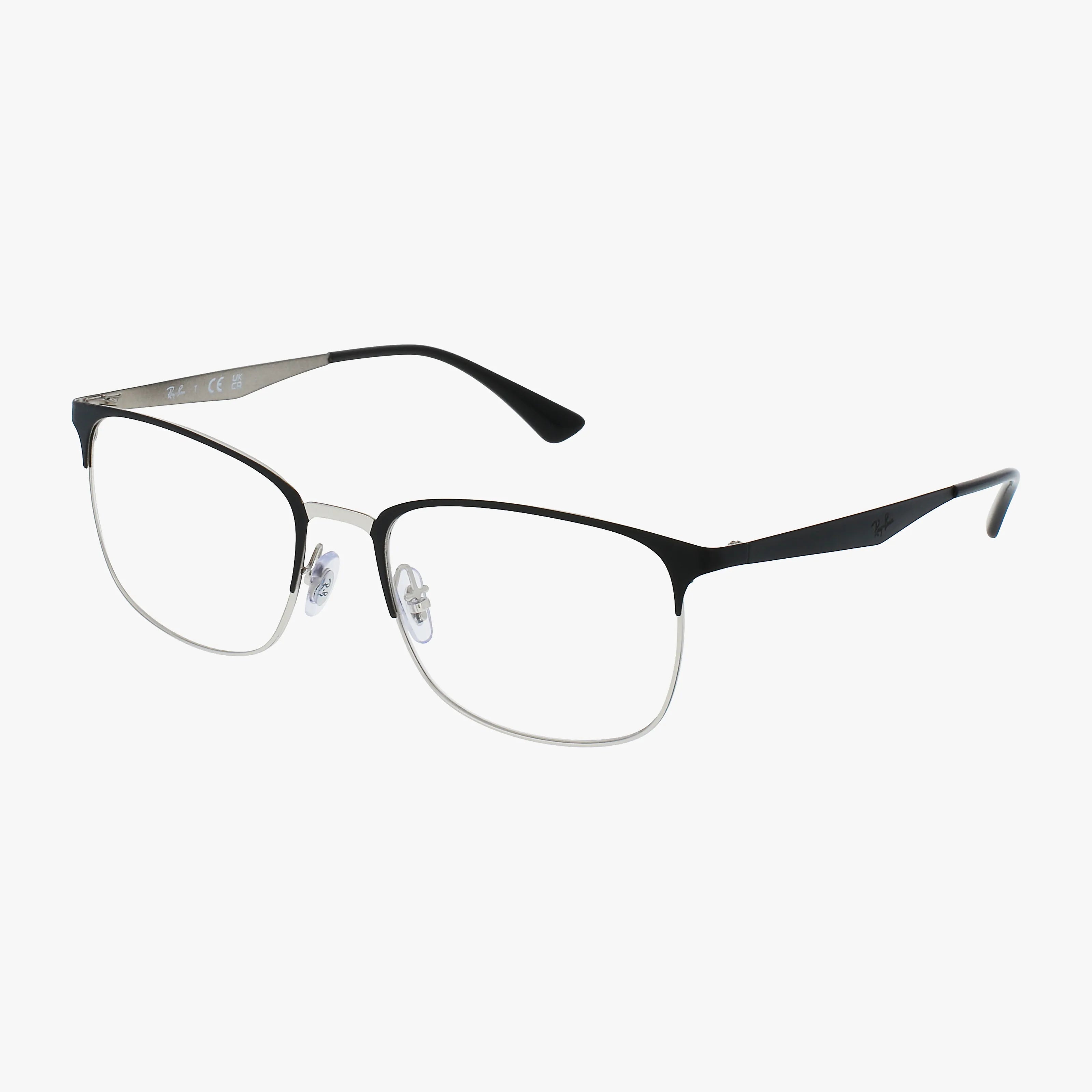 The RX6421 features rectangular eyeglasses with thin black metal rims, clear nose pads, and black temple arms, showcasing a stylish and well-balanced frame design on a white background.
