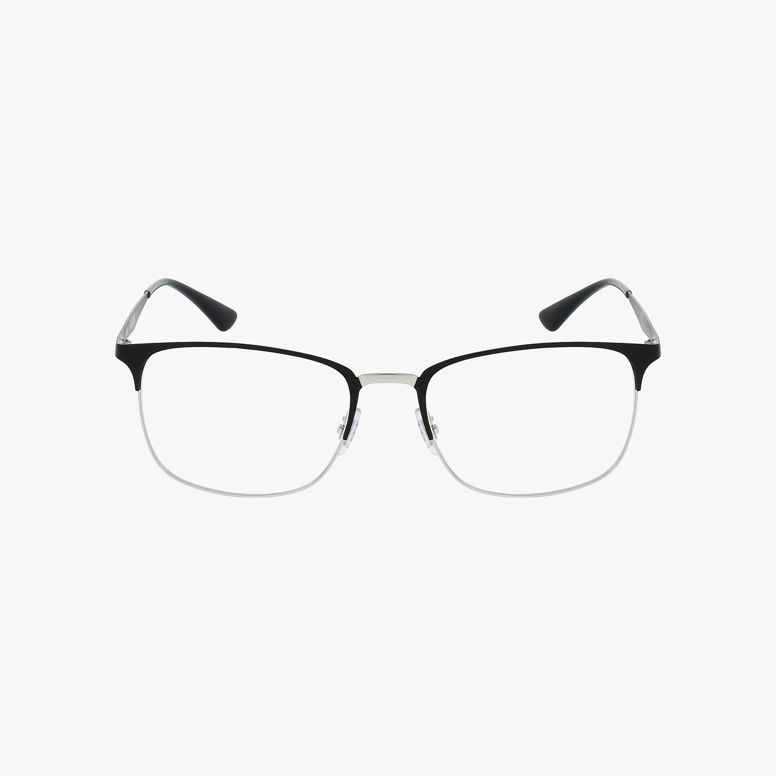 The RX6421 eyeglasses feature a stylish black and silver rectangular frame, progressive lenses, and black temple tips, shown on a plain white background.