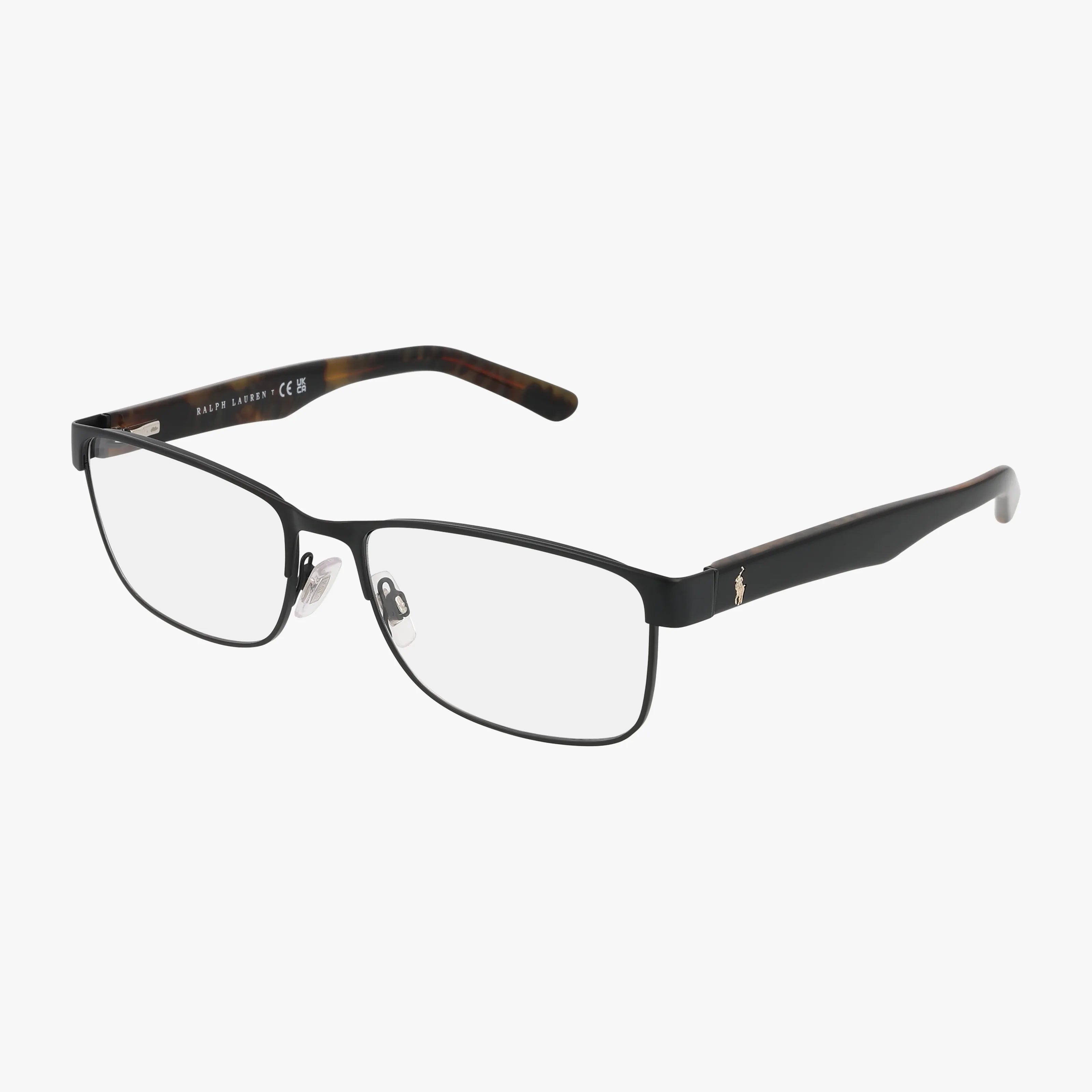 The PH1157 features black rectangular eyeglasses with thin metal frames, clear lenses, and curved arms accented by a small gold logo by the hinges. Brown tortoiseshell interiors on the arms add a modern yet timeless touch.