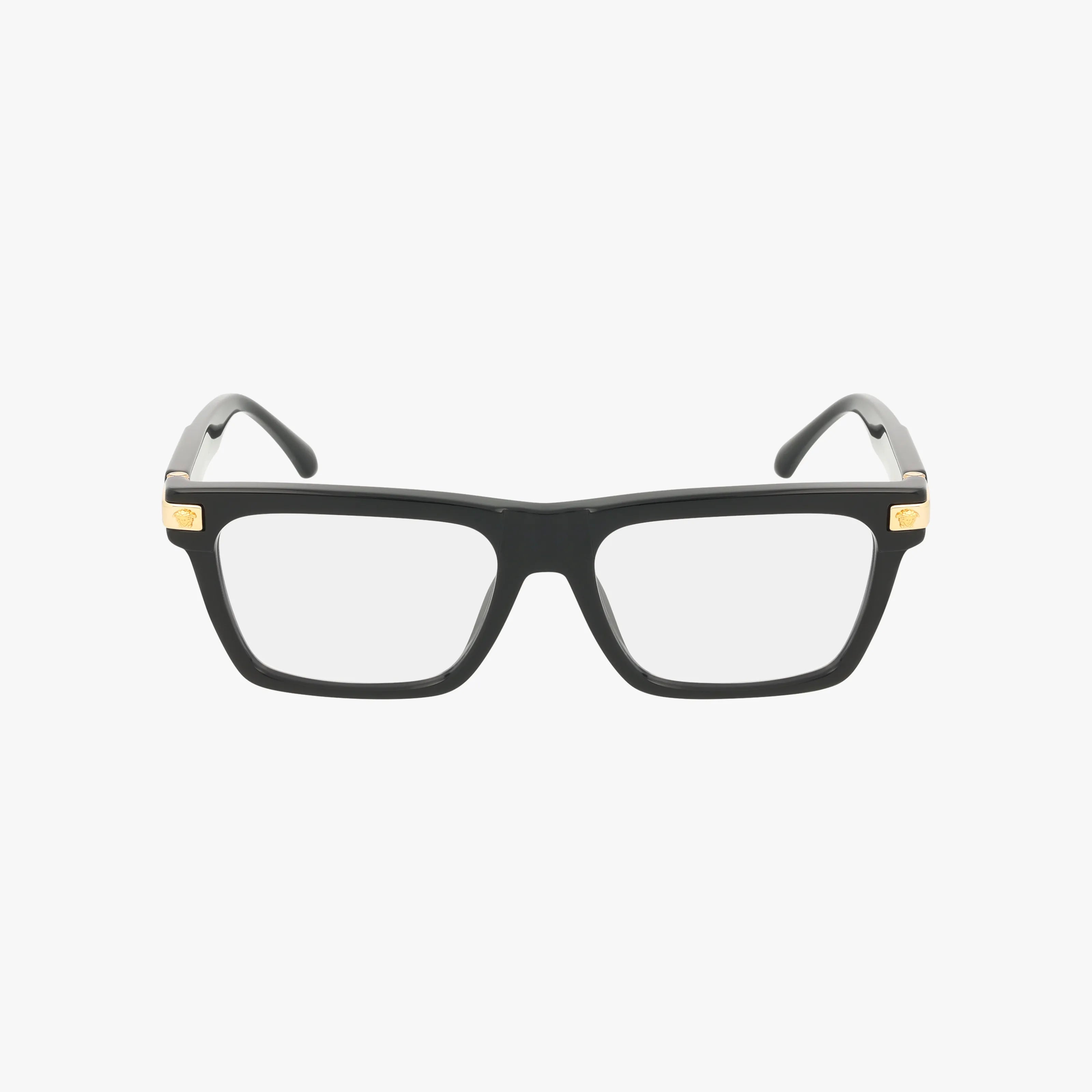 The VE3354 eyeglasses feature a bold black rectangular frame with clear lenses, gold accents on the temples, and a slightly thick design, displayed against a plain white background.