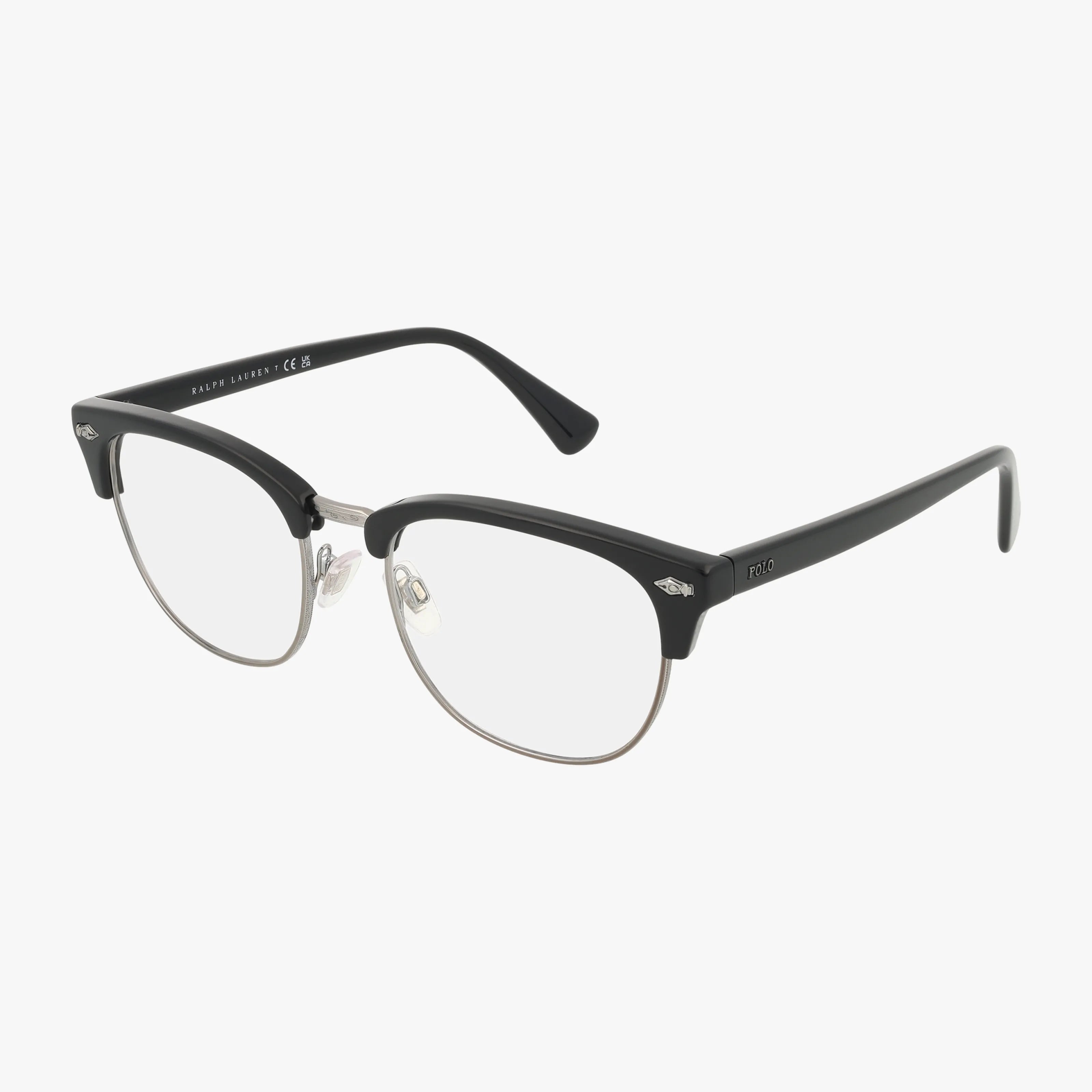 The Polo Ralph Lauren PH2277 eyeglasses feature a contemporary design with black upper frames, silver lower rims, clear lenses, and black arms, shown on a white background.
