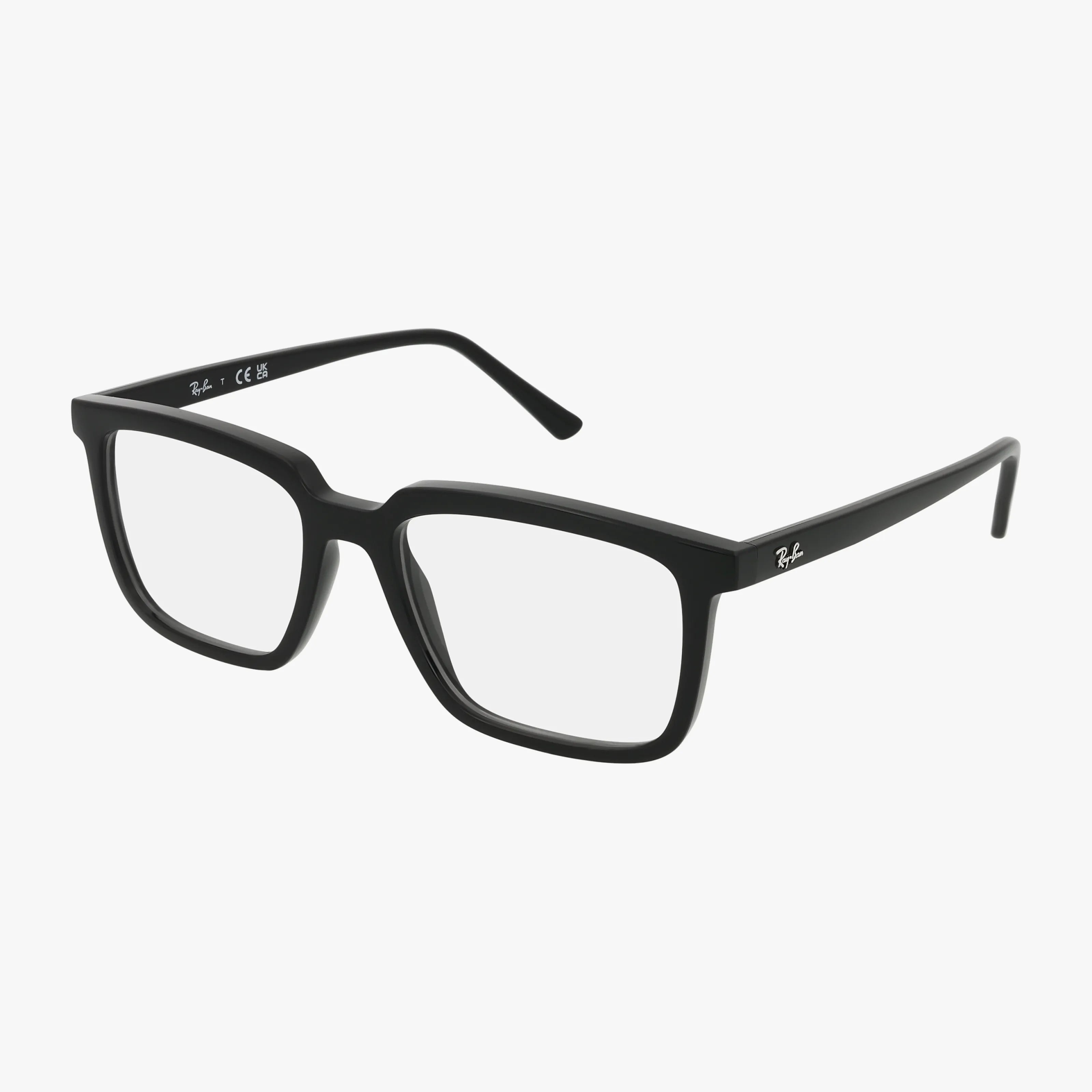 The Ray-Ban RX7239 ALAIN features black rectangular frames with thick temples and clear or Transitions lenses. The iconic Ray-Ban logo is visible on the temples, with the frames displayed against a white background.