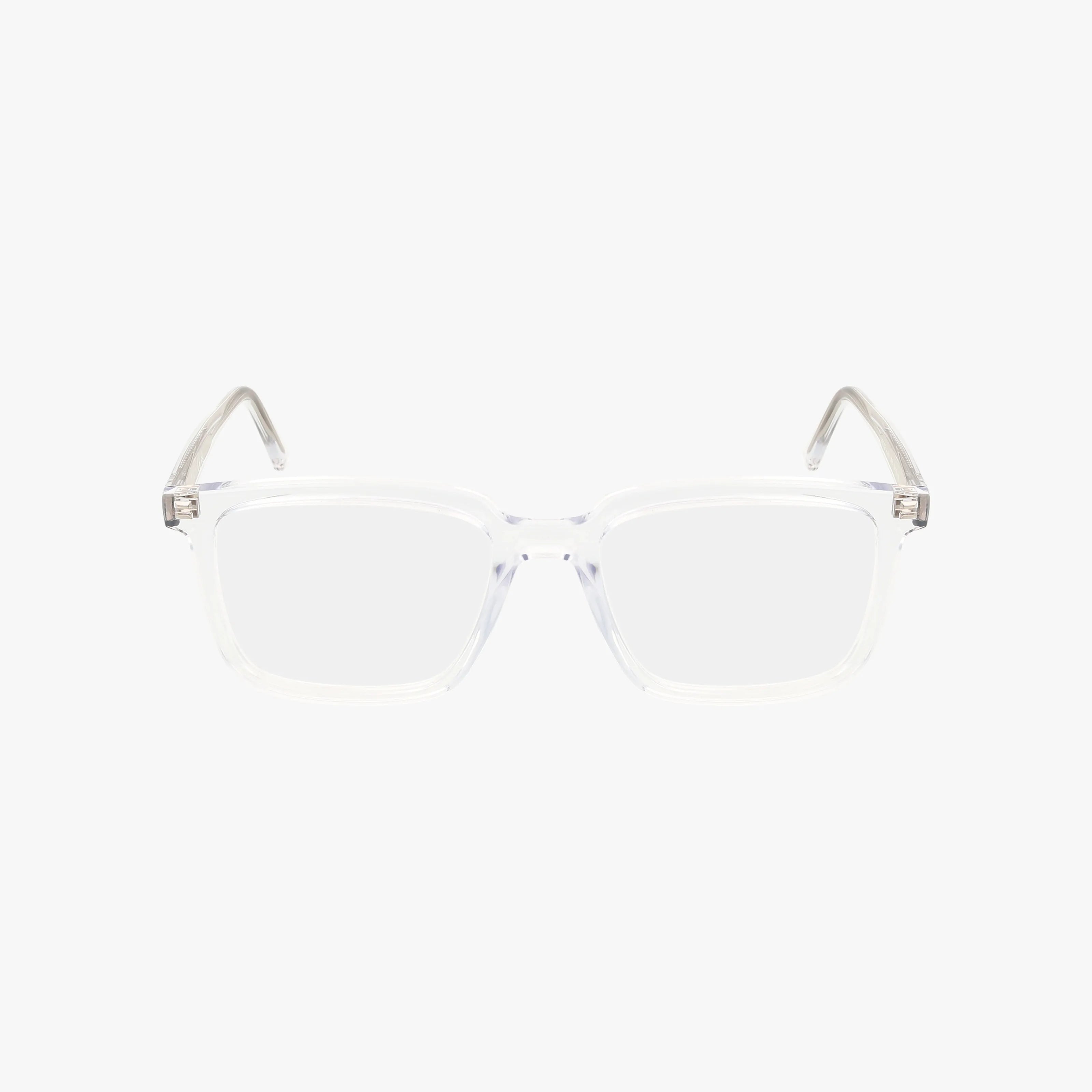 Clear rectangular RX7239 ALAIN eyeglass frames by Ray-Ban, featuring transparent temples and displayed on a plain white background—ideal for highlighting modern, stylish eyewear.