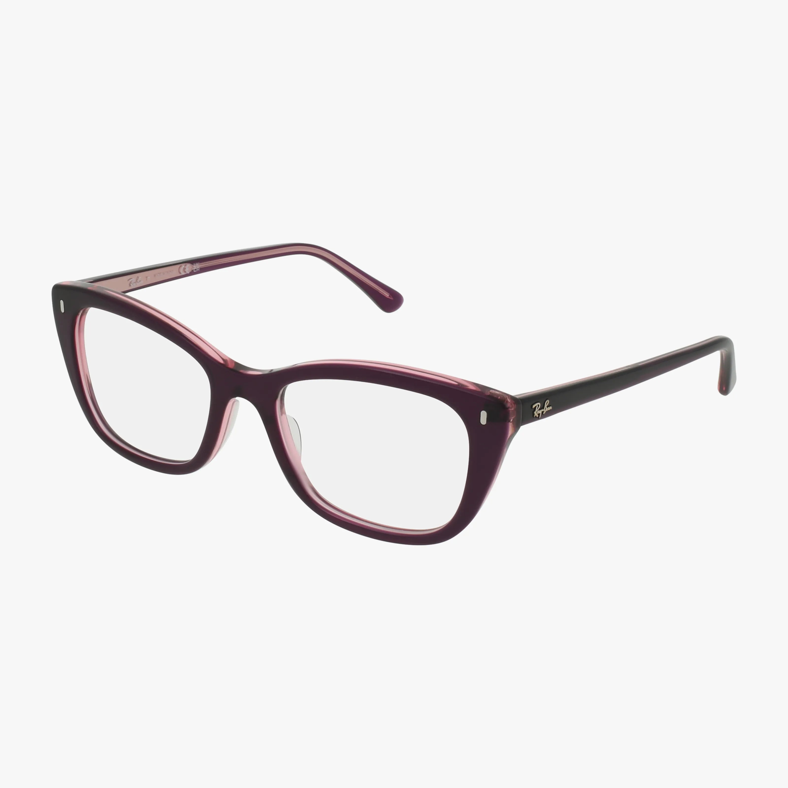 The RX5433 eyeglasses feature thick, dark purple rectangular frames with clear lenses, displayed on a white background. Subtle logo detail near the hinges adds a hint of 60s style charm to the temples.