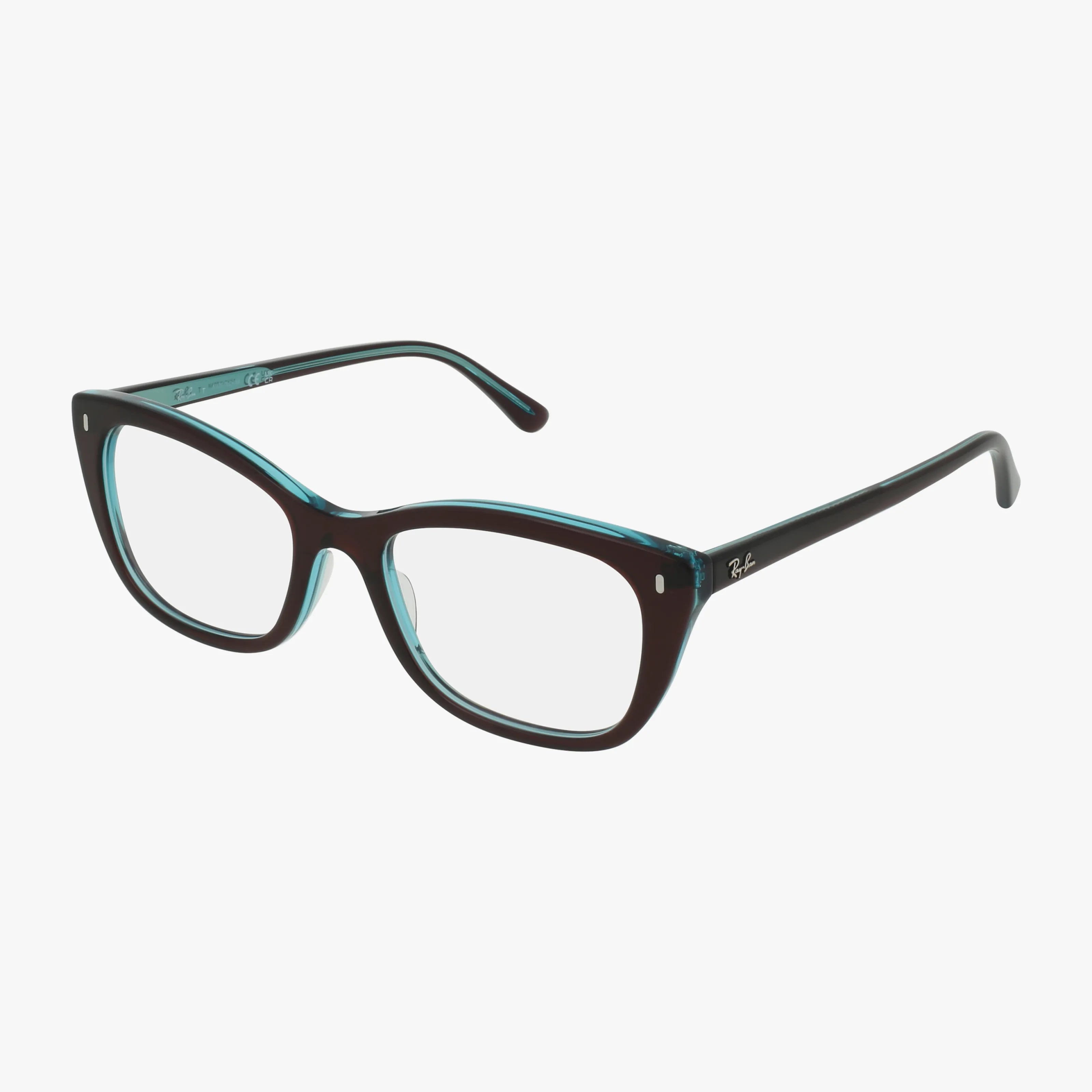 The RX5433 is a pair of black, rectangular eyewear frames with clear lenses and subtle teal accents inside. Featuring curved arms with a small side logo, these glasses evoke a hint of 60’s style reminiscent of Ray-Ban designs.